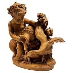 Antique French 19 Century Putto with Swan Terracotta Sculpture in Manner of Clodion