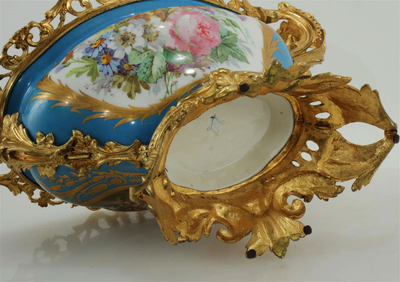 Rococo Revival French 19 Century Rococo Sevres Style Gilt Bronze Mounted Porcelain Centerpiece For Sale