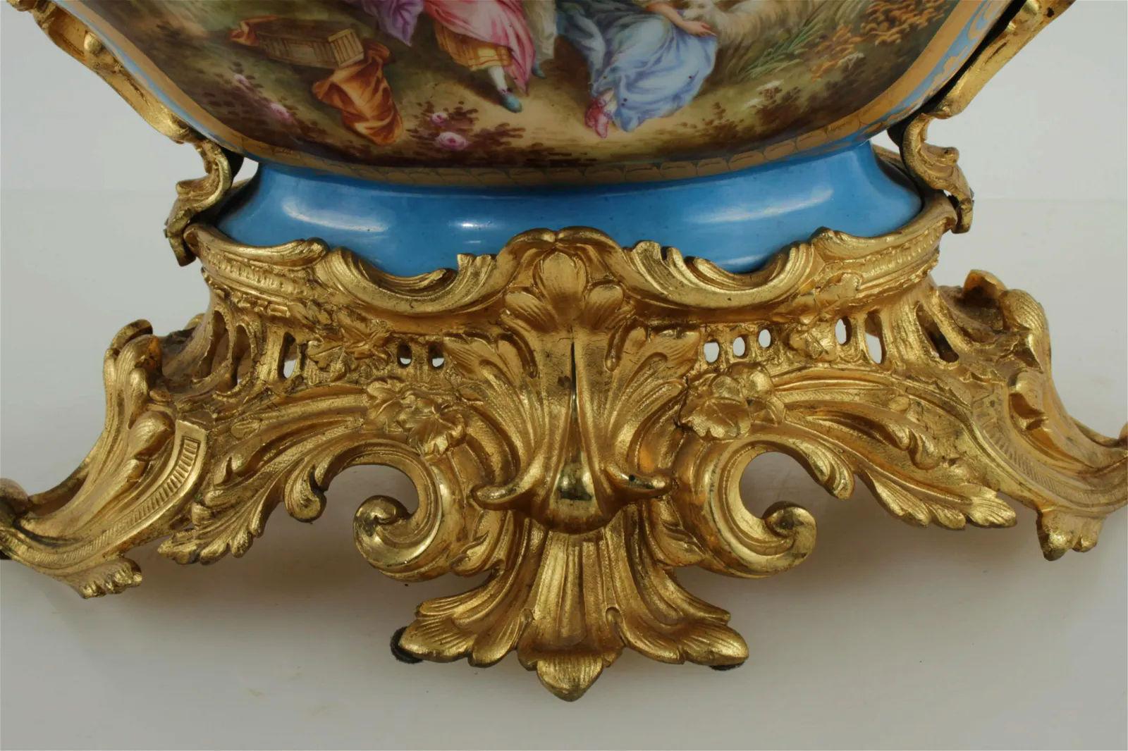 19th Century French 19 Century Rococo Sevres Style Gilt Bronze Mounted Porcelain Centerpiece For Sale
