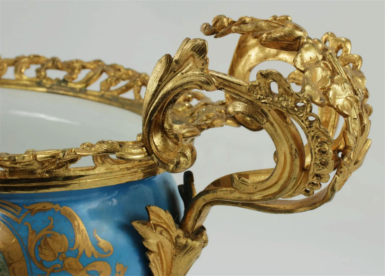 French 19 Century Rococo Sevres Style Gilt Bronze Mounted Porcelain Centerpiece For Sale 1