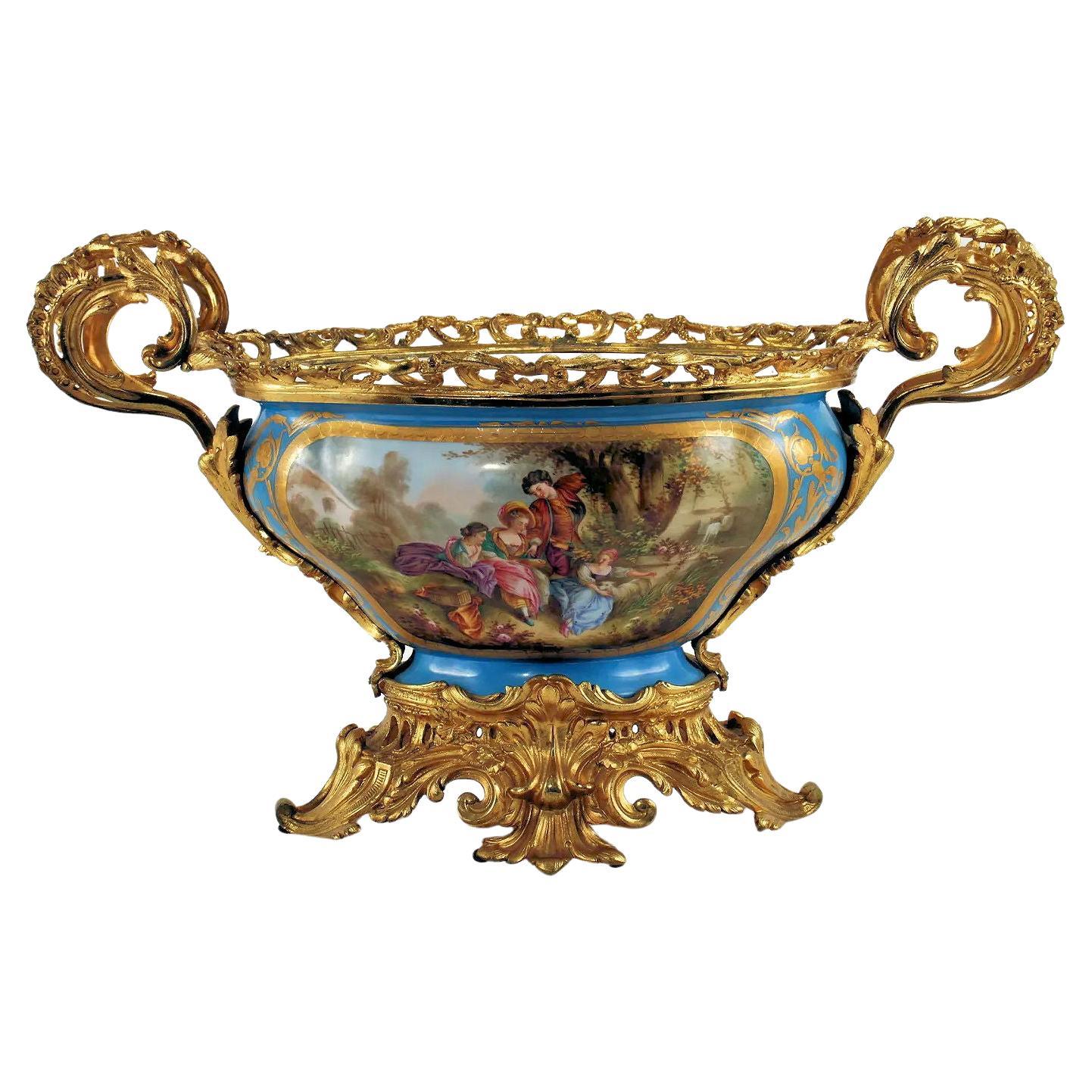 French 19 Century Rococo Sevres Style Gilt Bronze Mounted Porcelain Centerpiece For Sale