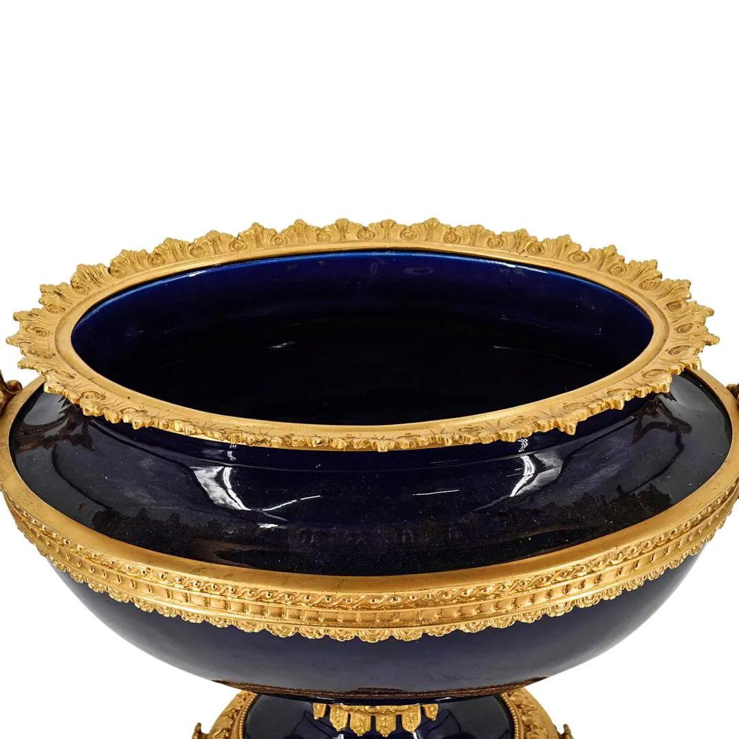French 19 Century Sevres Style Cobalt Blue Porcelain and Bronze Centerpiece In Good Condition For Sale In New York, NY