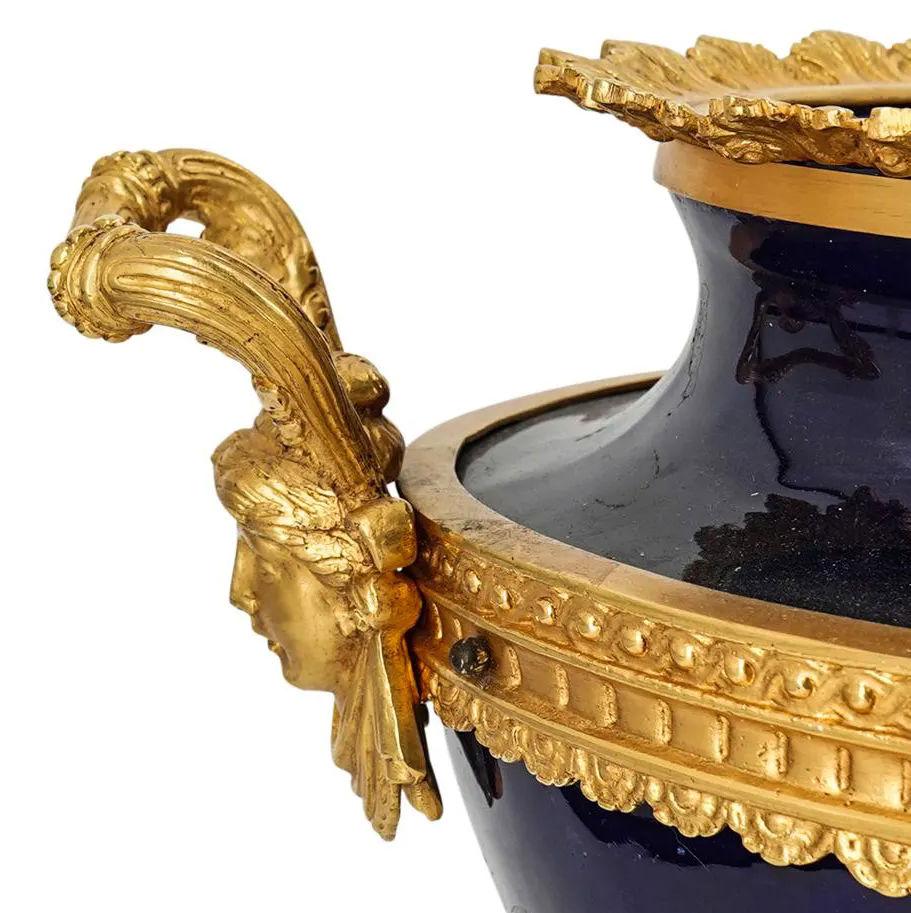 19th Century French 19 Century Sevres Style Cobalt Blue Porcelain and Bronze Centerpiece For Sale