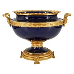 French 19 Century Sevres Style Cobalt Blue Porcelain and Bronze Centerpiece