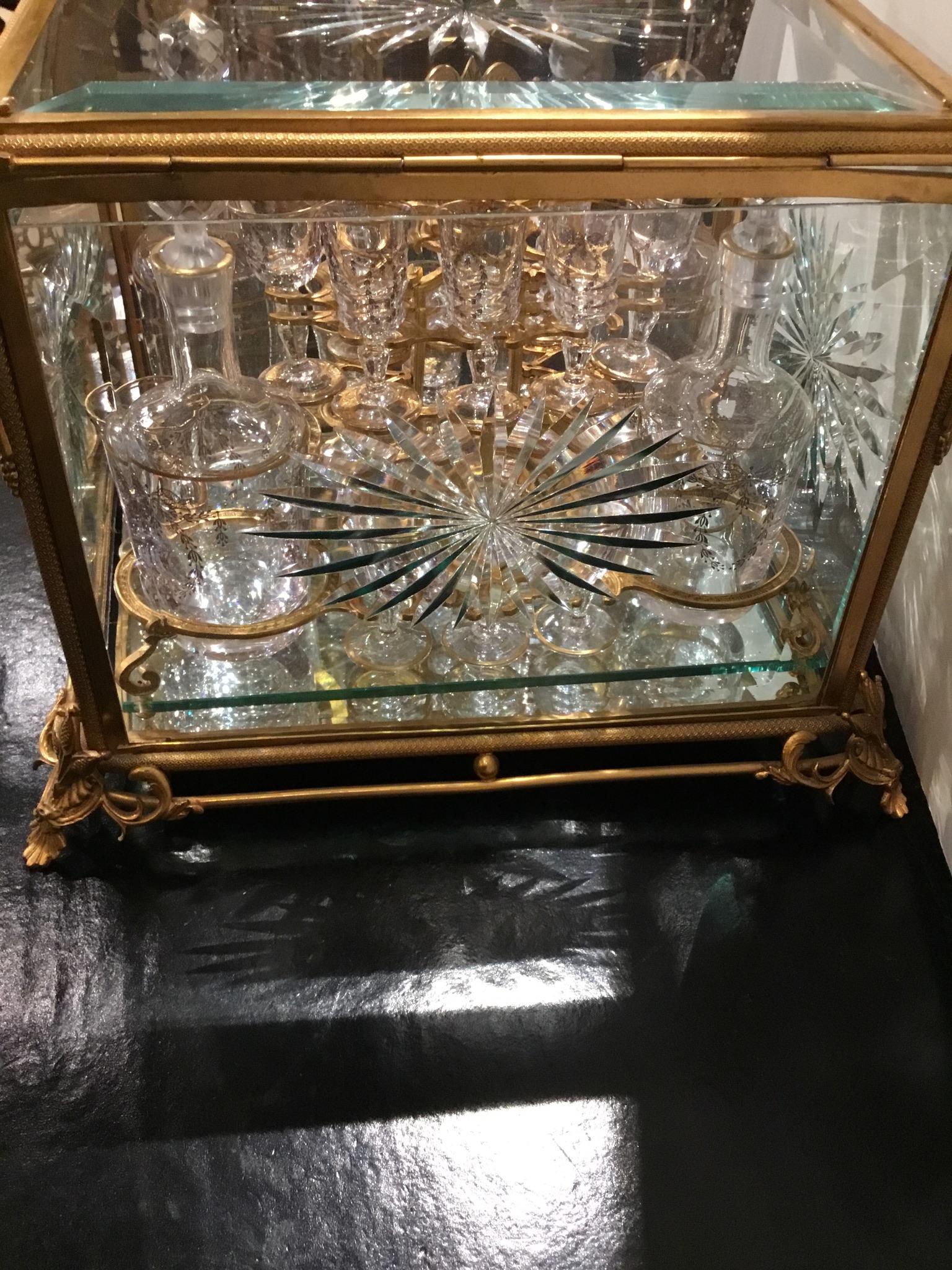 French Bronze and Glass Tantalus Set with Beveled and Cut Glass Panels In Good Condition In Houston, TX