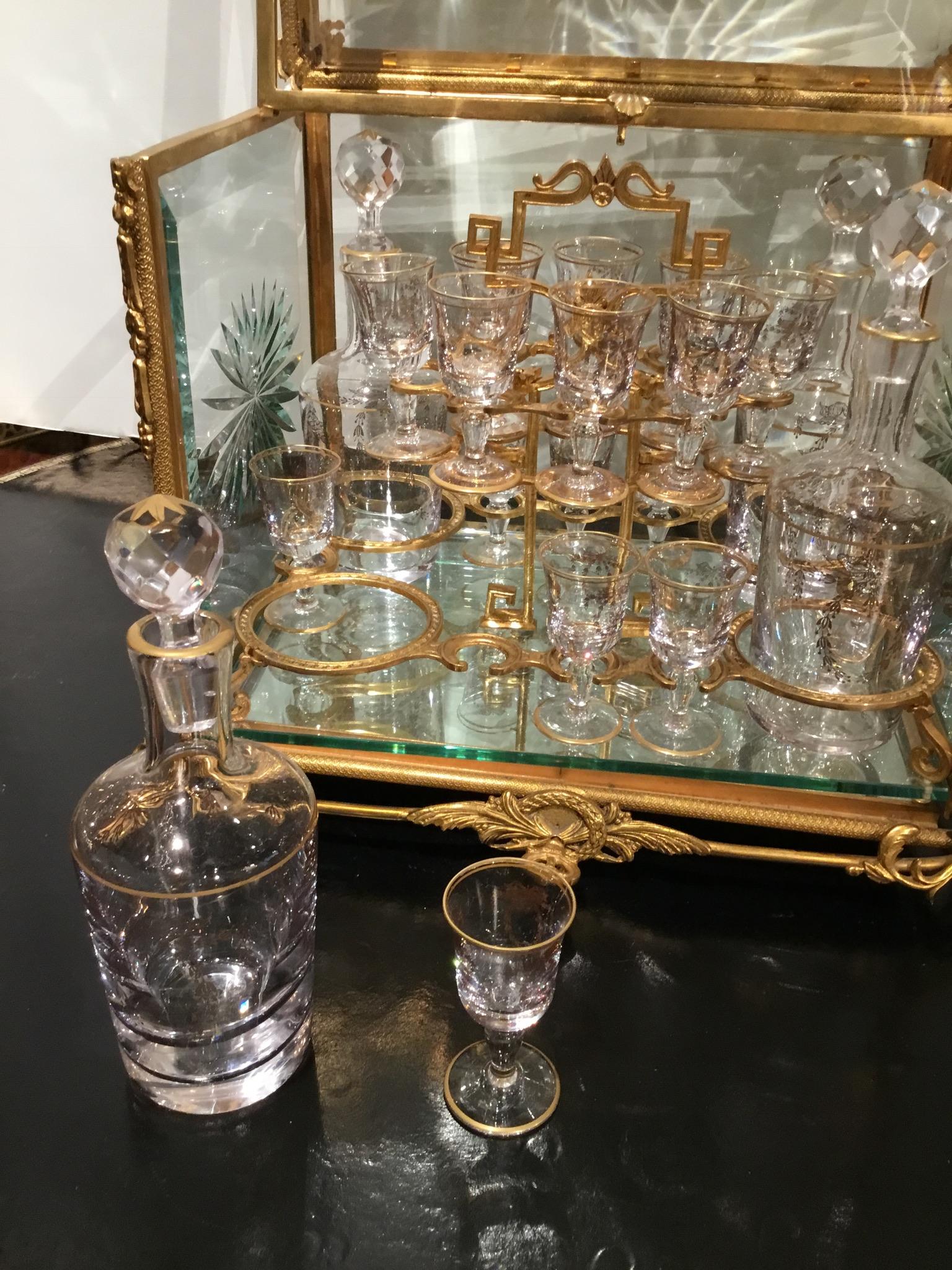 French Bronze and Glass Tantalus Set with Beveled and Cut Glass Panels 1