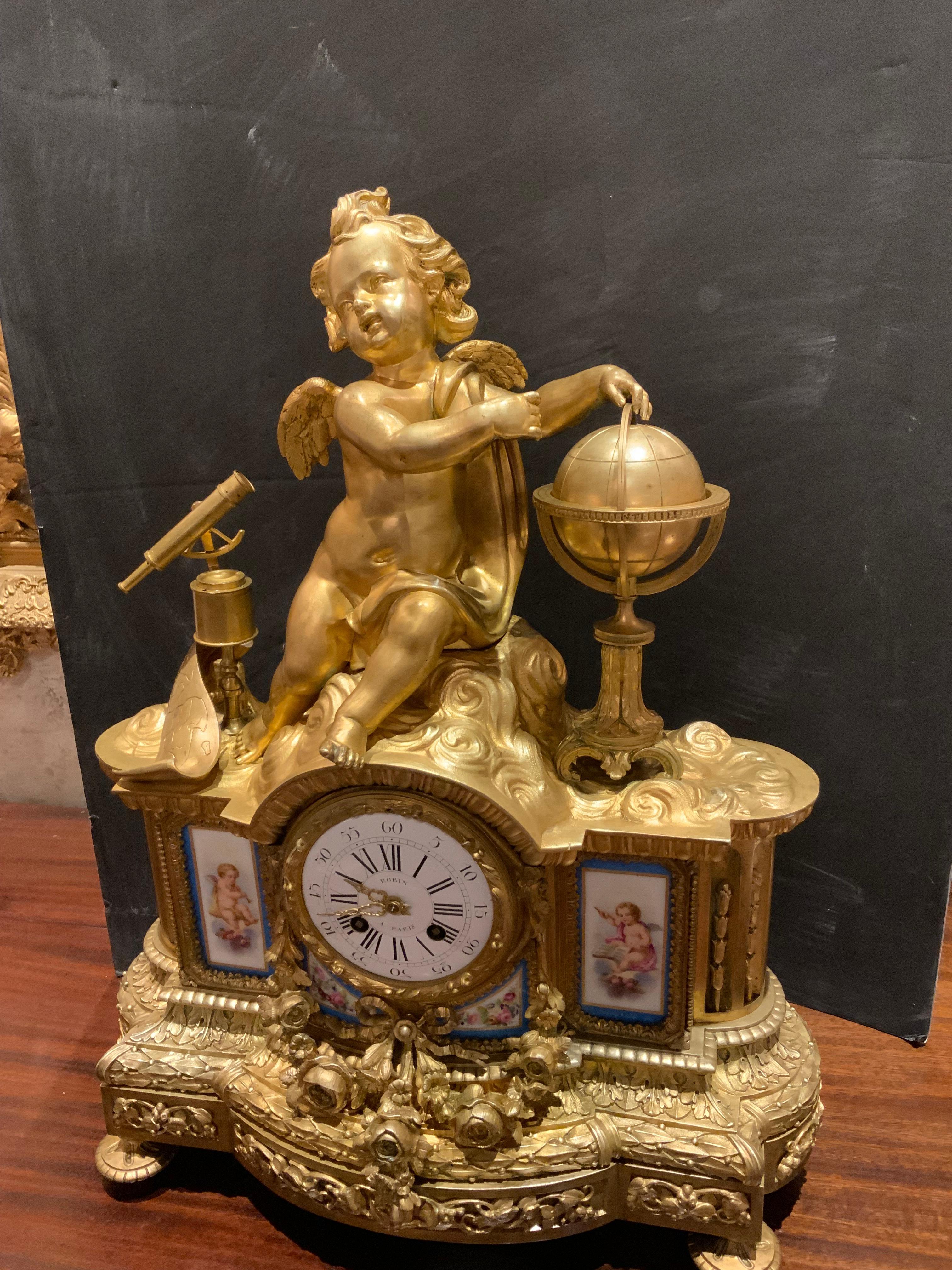 Gilt French 19 th c. Bronze dore and porcelain clock For Sale