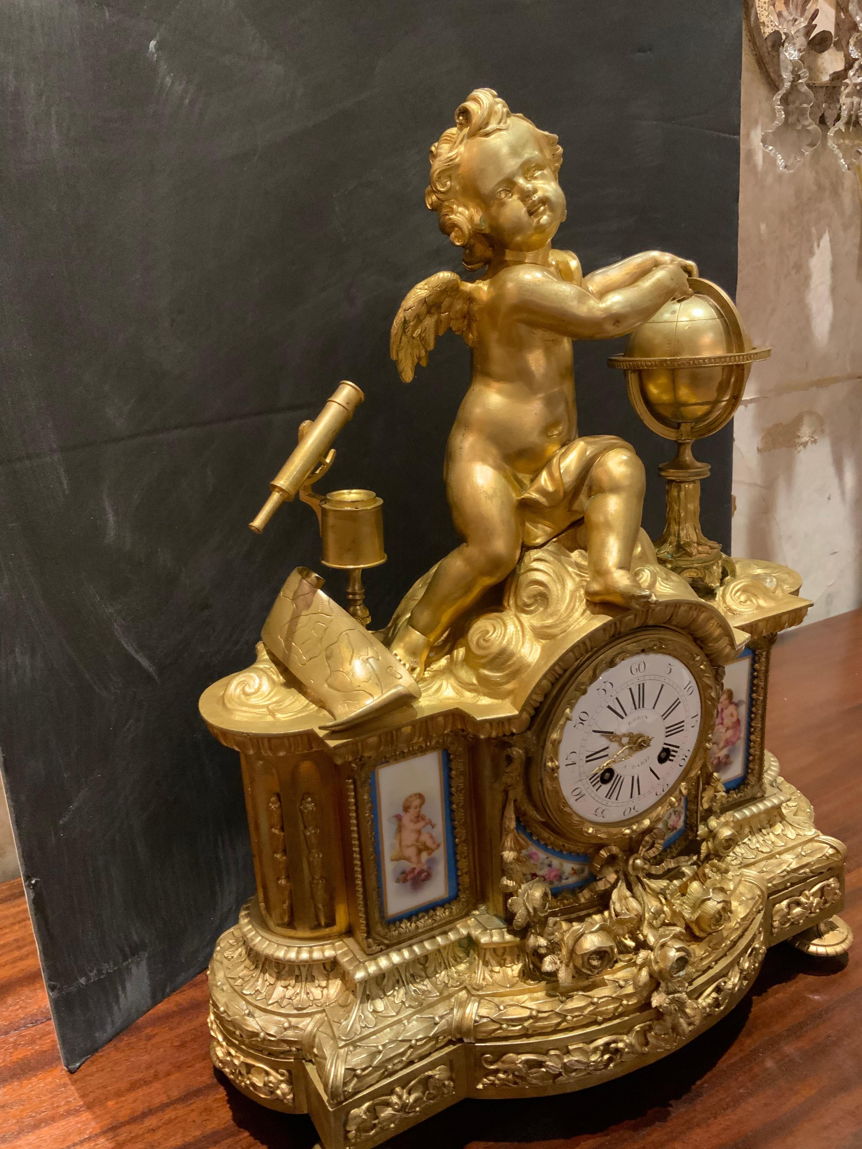 19th Century French 19 th c. Bronze dore and porcelain clock For Sale