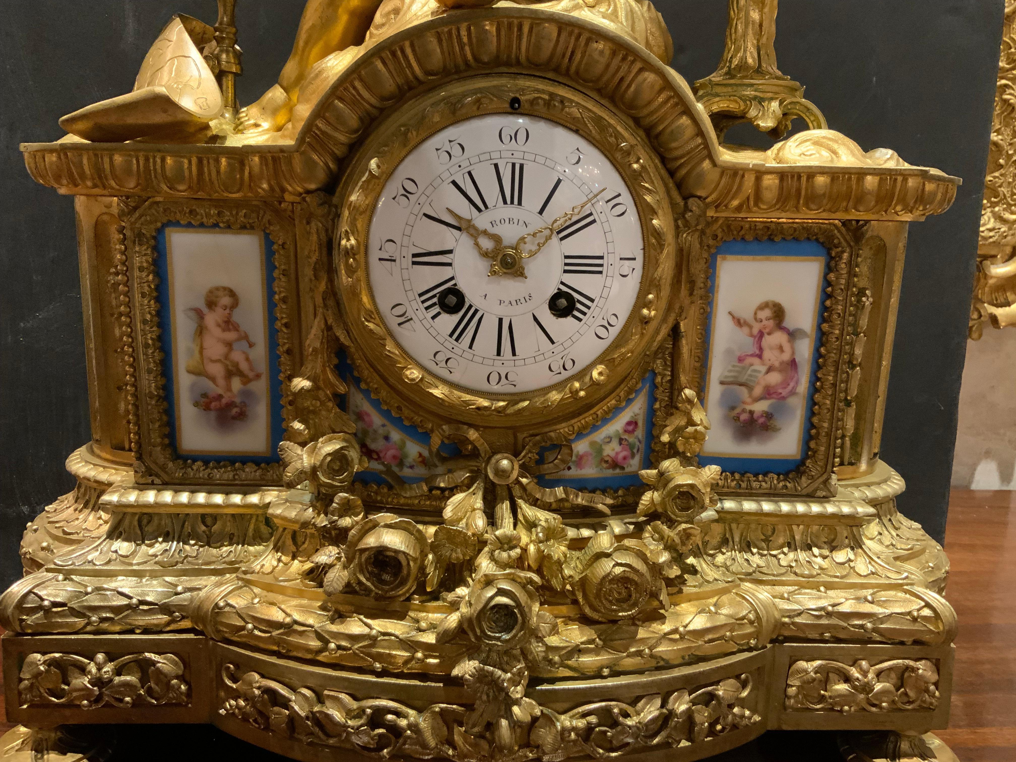 French 19 th c. Bronze dore and porcelain clock For Sale 2