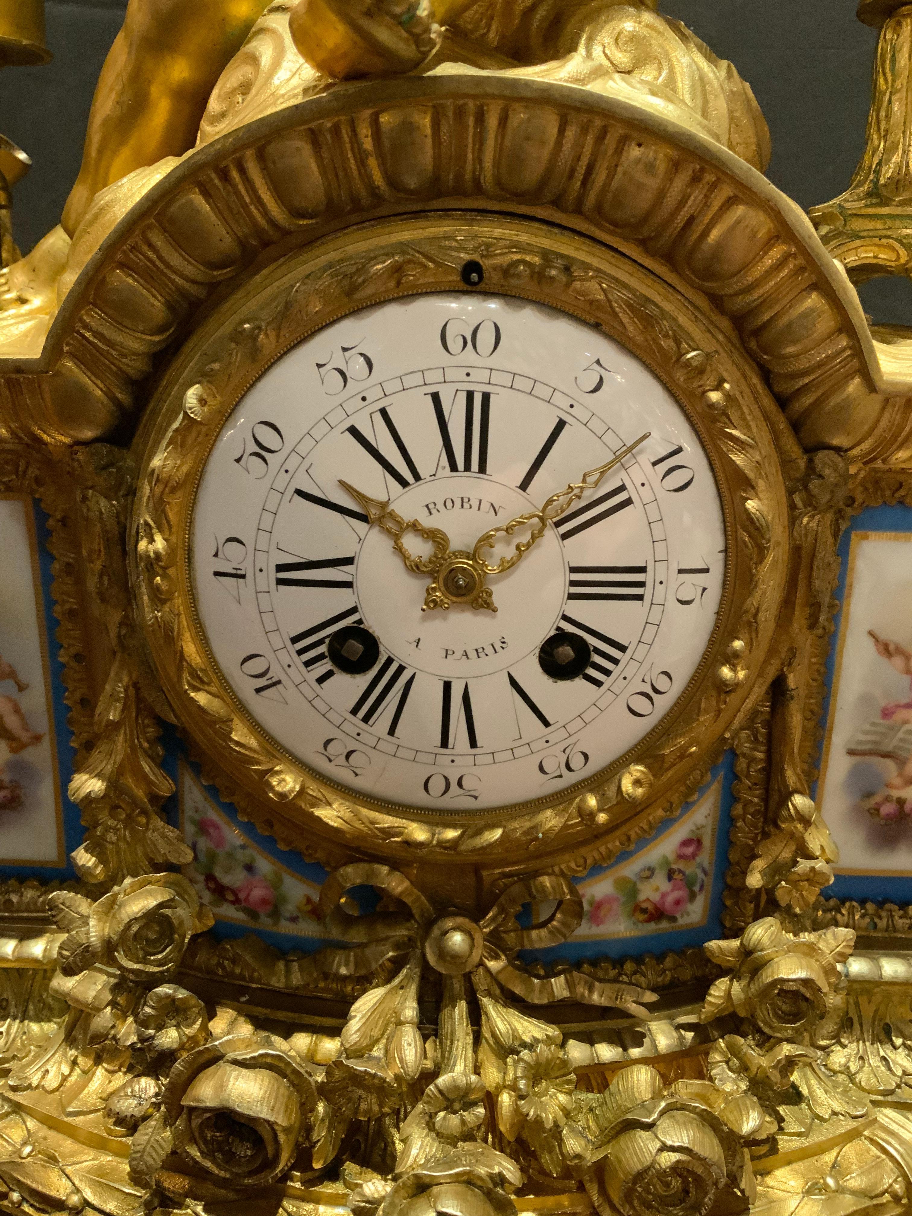 French 19 th c. Bronze dore and porcelain clock For Sale 3