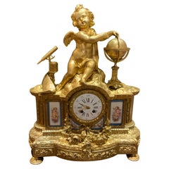 Antique French 19 th c. Bronze dore and porcelain clock