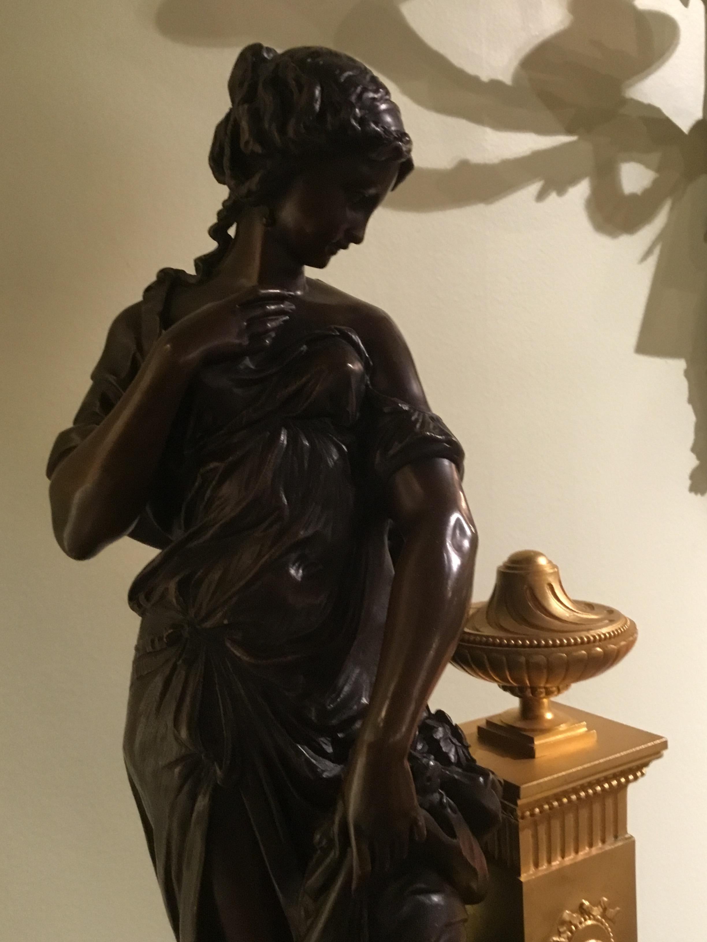 French Clock by H Koudebine, Paris with Figural Bronze by Charles Anfrie In Good Condition For Sale In Houston, TX
