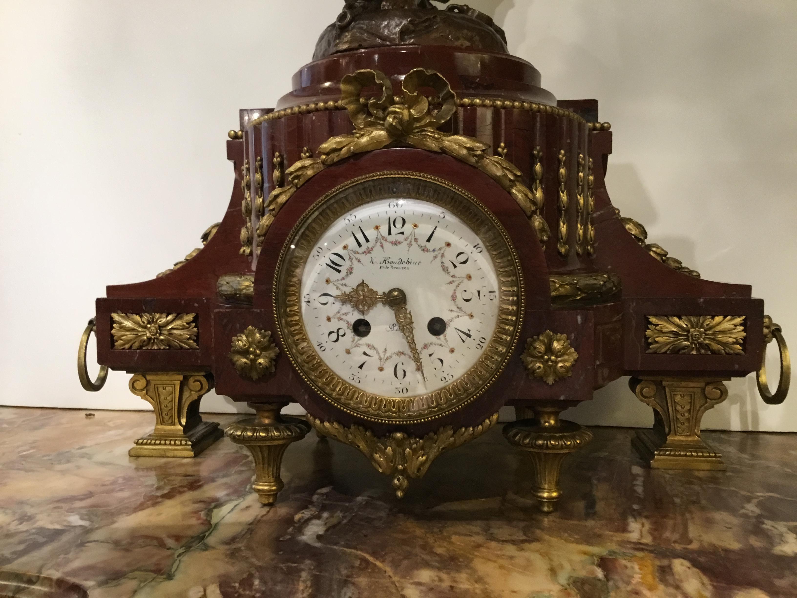 French Clock by H Koudebine, Paris with Figural Bronze by Charles Anfrie In Good Condition For Sale In Houston, TX