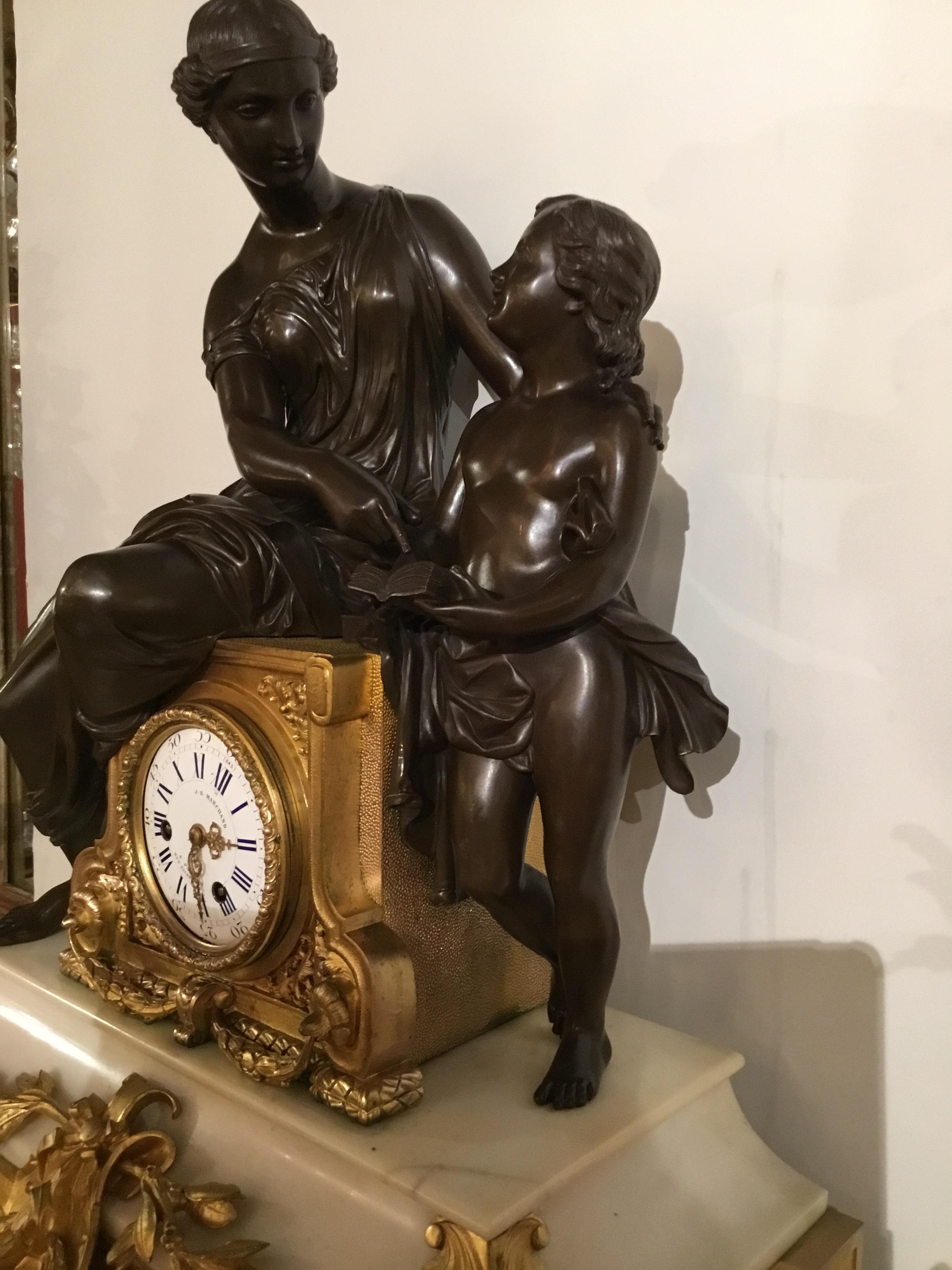 French 19th Century Clock, Gilt Bronze and Patinated Bronze on White Marble Base In Excellent Condition For Sale In Houston, TX