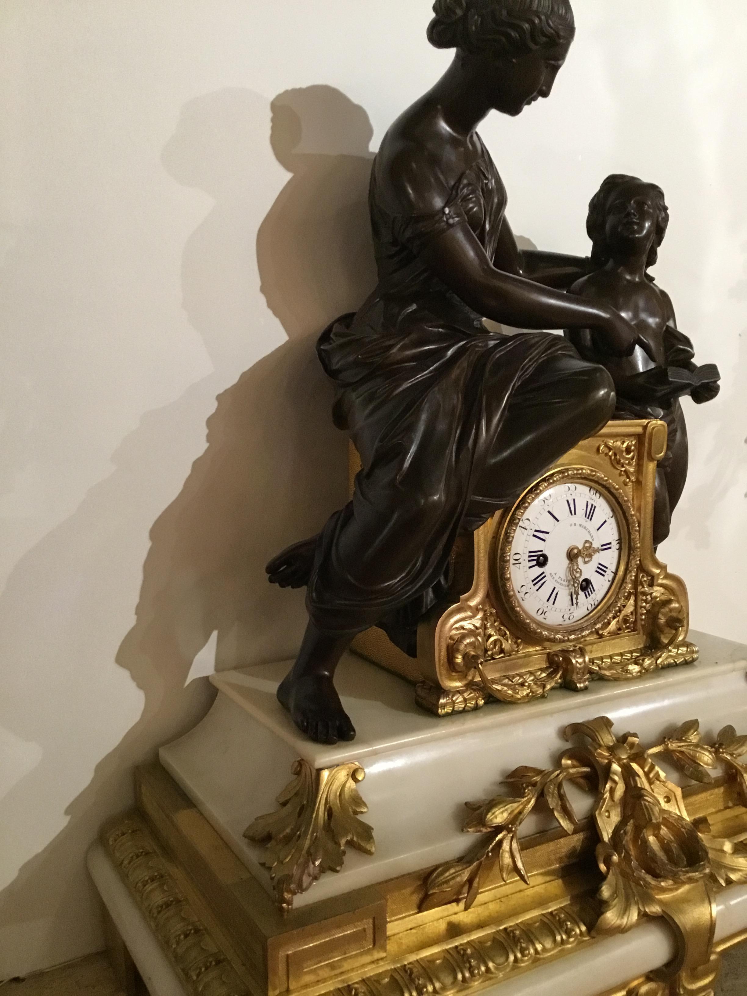 French 19th Century Clock, Gilt Bronze and Patinated Bronze on White Marble Base For Sale 1
