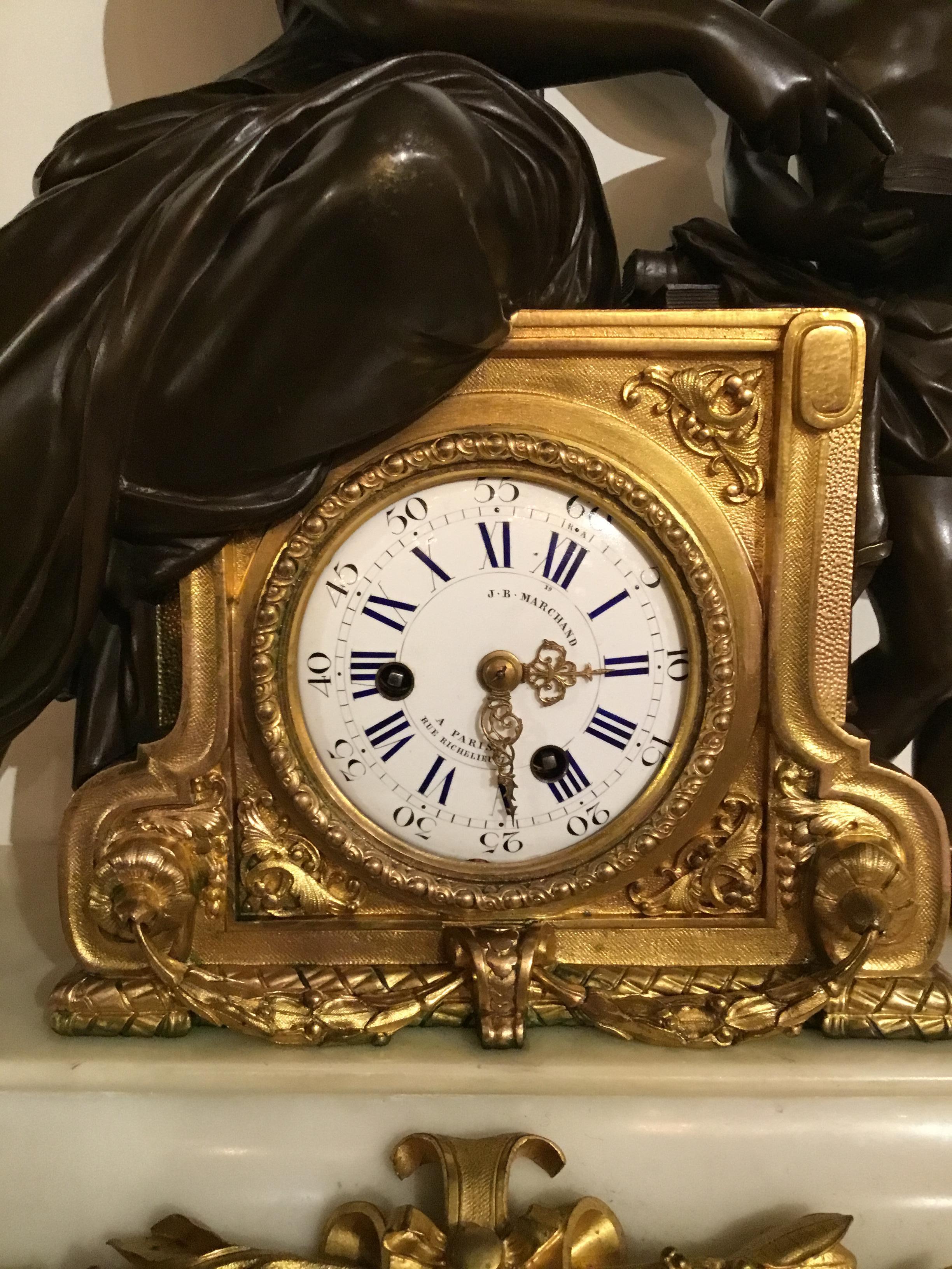 French 19th Century Clock, Gilt Bronze and Patinated Bronze on White Marble Base For Sale 2