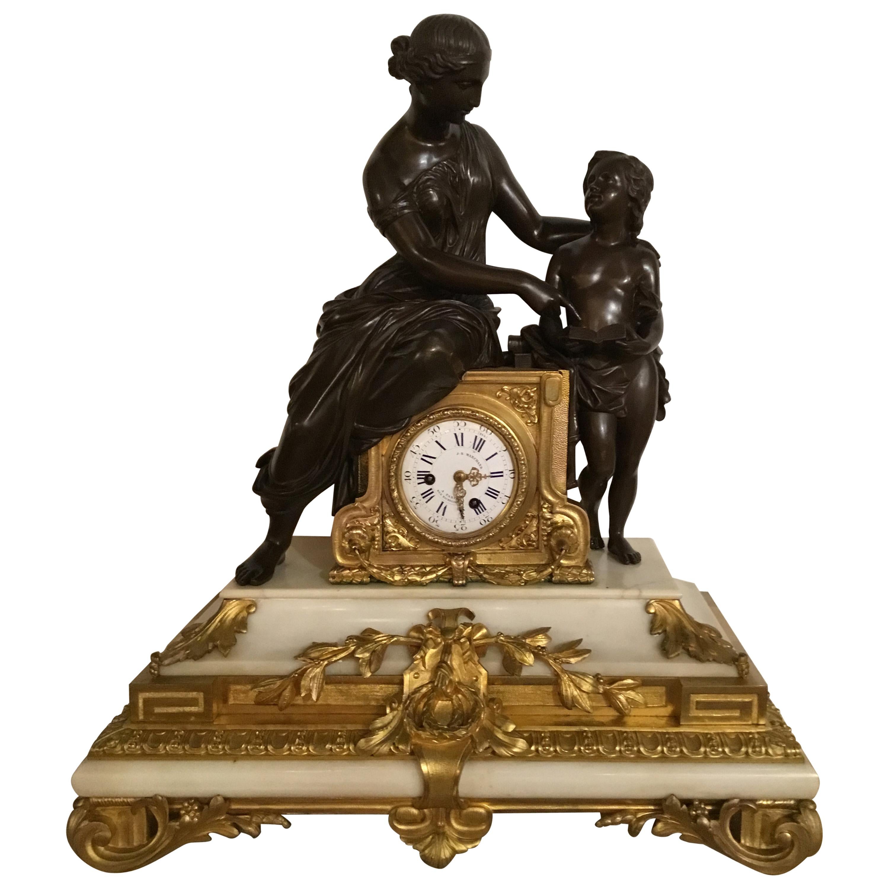French 19th Century Clock, Gilt Bronze and Patinated Bronze on White Marble Base