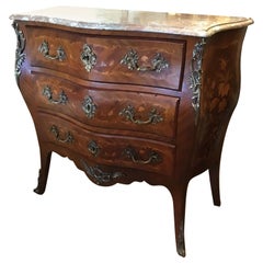 French 19th Century Marquetry Commode/ Chest with Three Drawers, Bronze Mounts