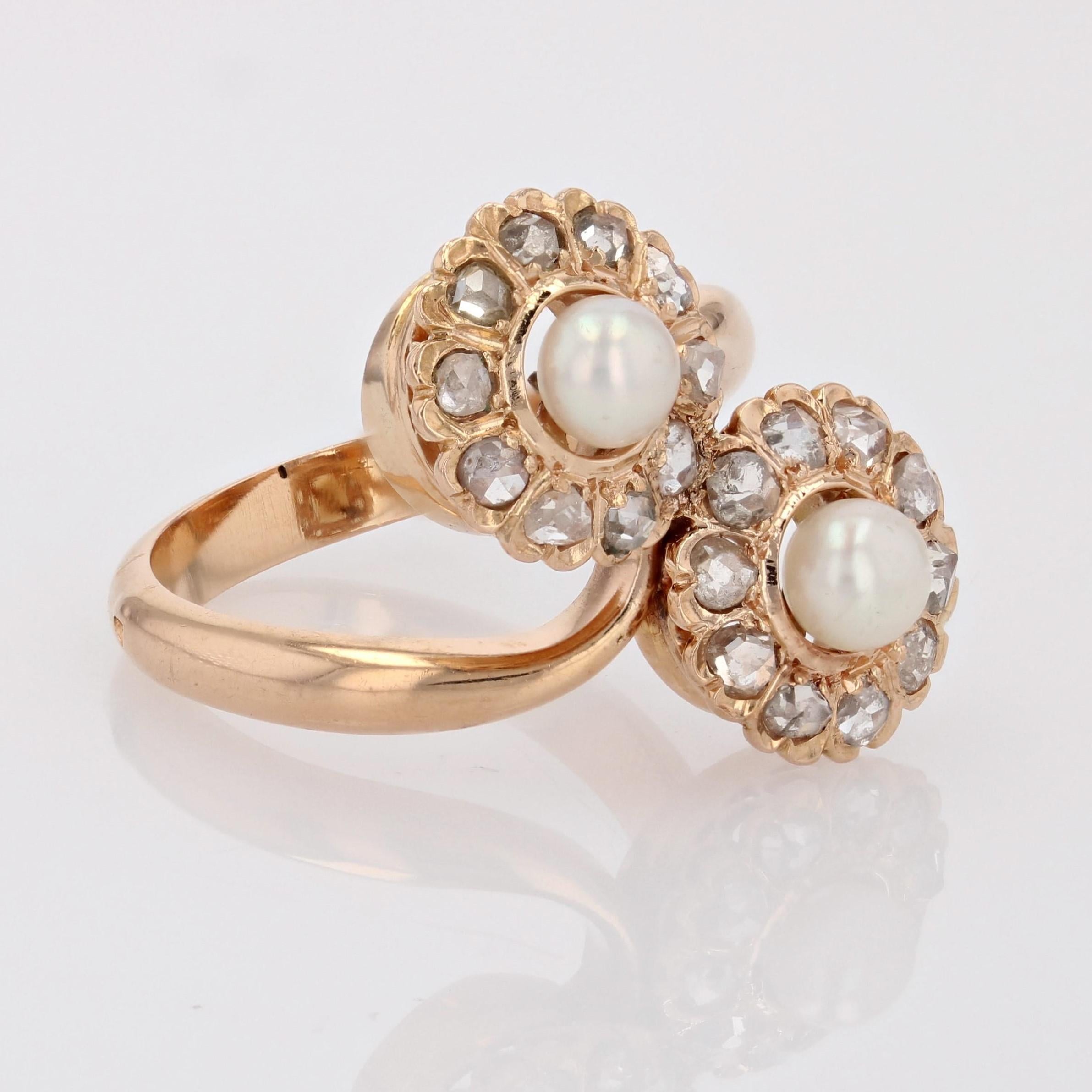 French, 19th Century, Diamonds Pearl 18 Karat Rose Gold Duo Daisies Ring For Sale 2