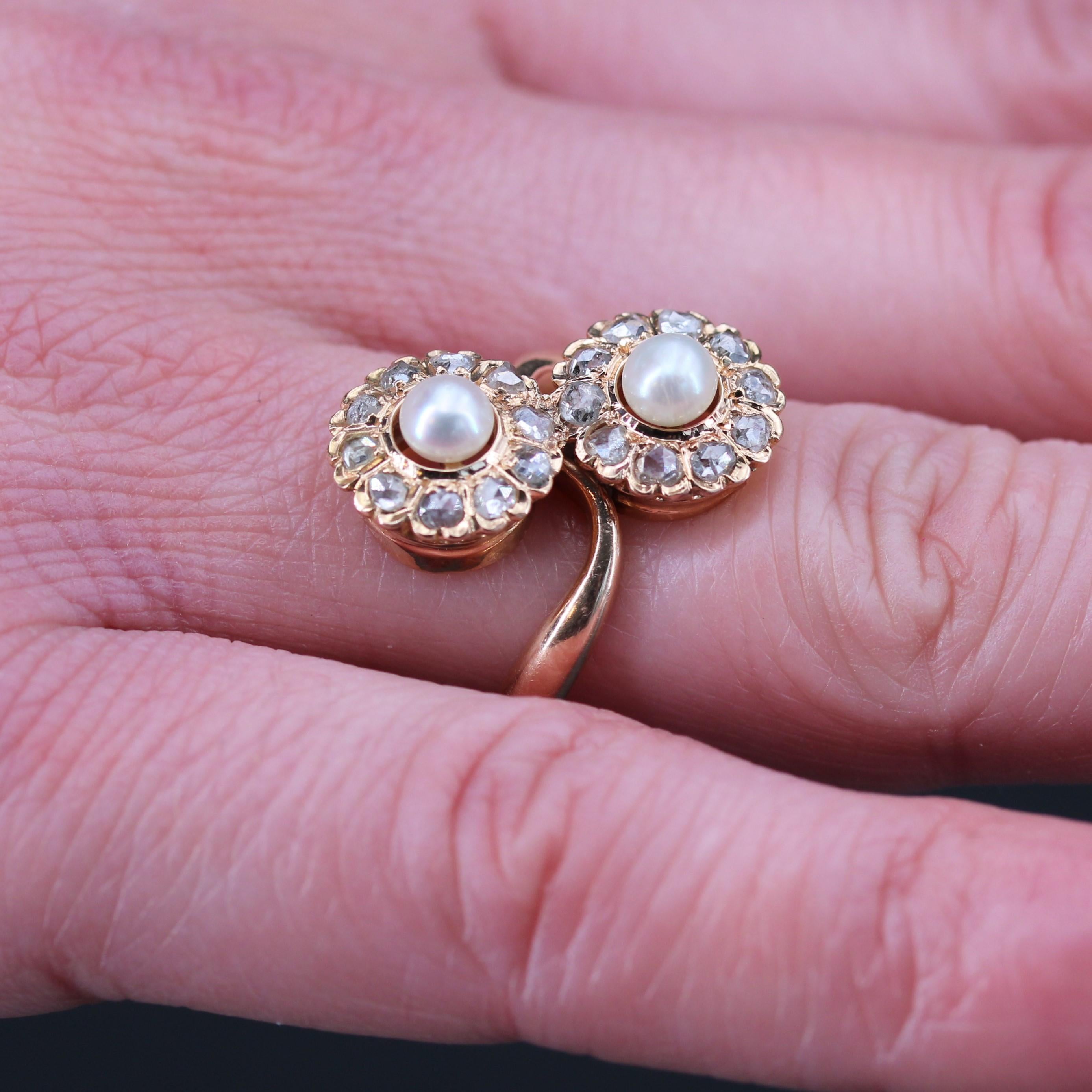 French, 19th Century, Diamonds Pearl 18 Karat Rose Gold Duo Daisies Ring For Sale 3