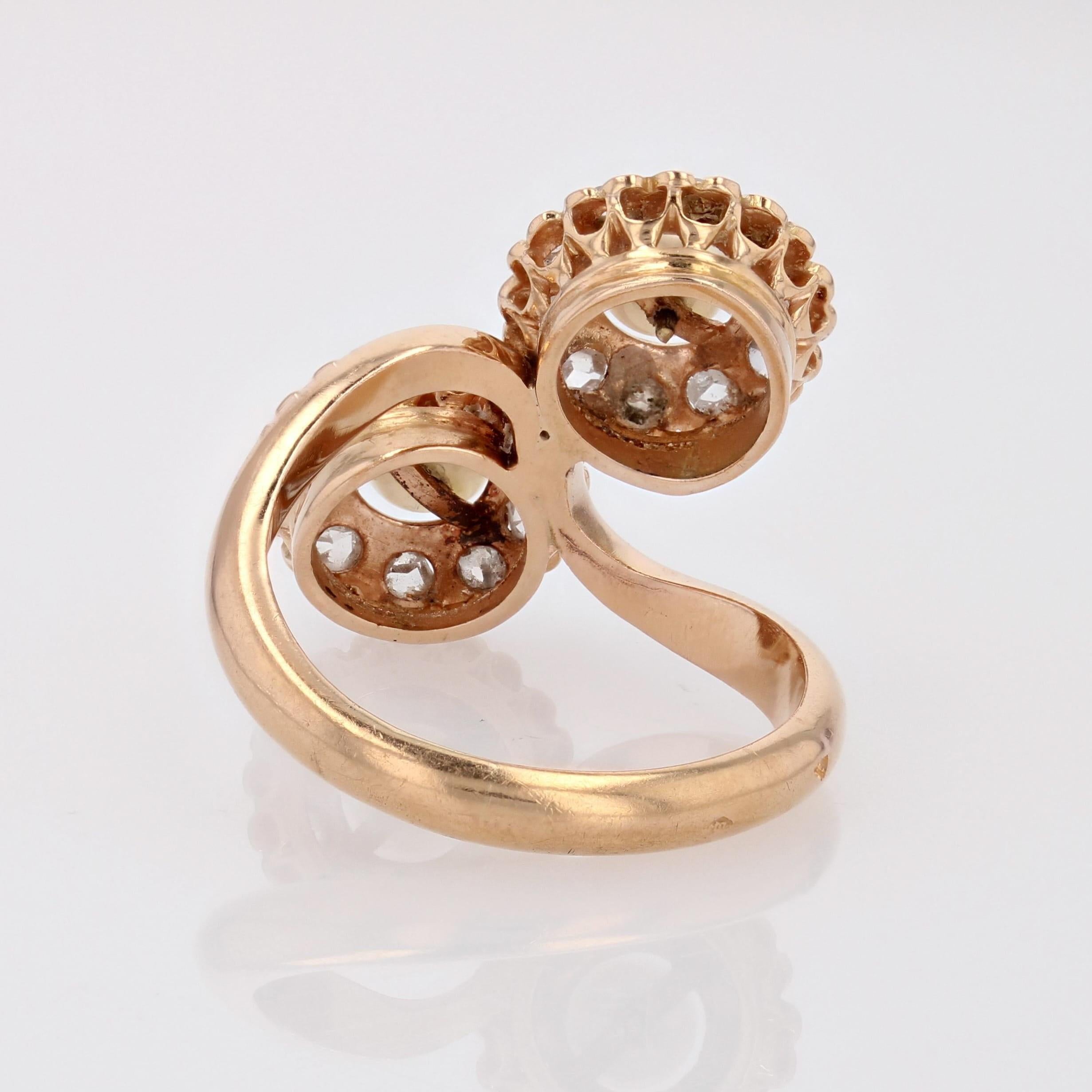 French, 19th Century, Diamonds Pearl 18 Karat Rose Gold Duo Daisies Ring For Sale 4