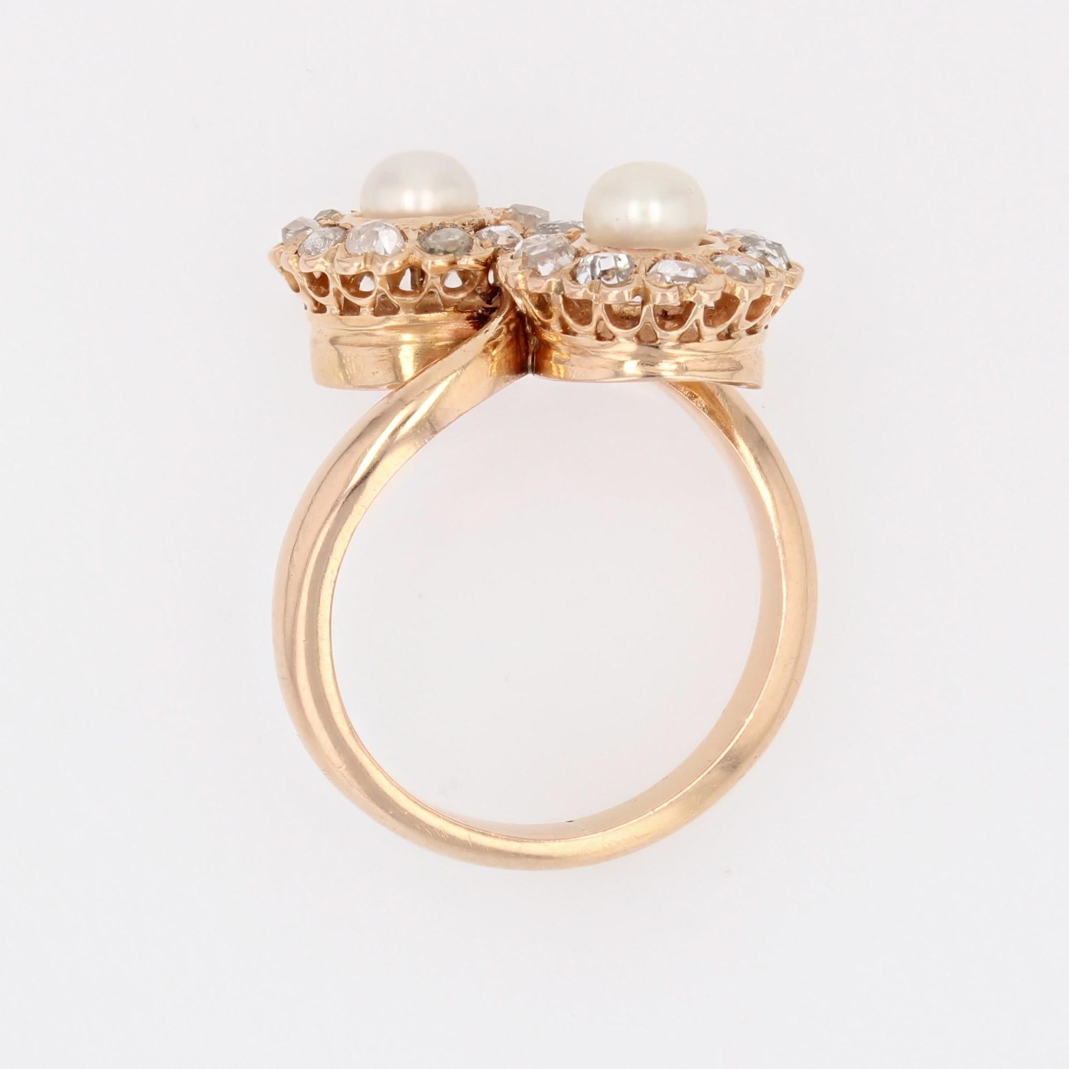 Bague Duo de marguerites en or rose 18 carats, perles et diamants du 19e siècle en vente 8