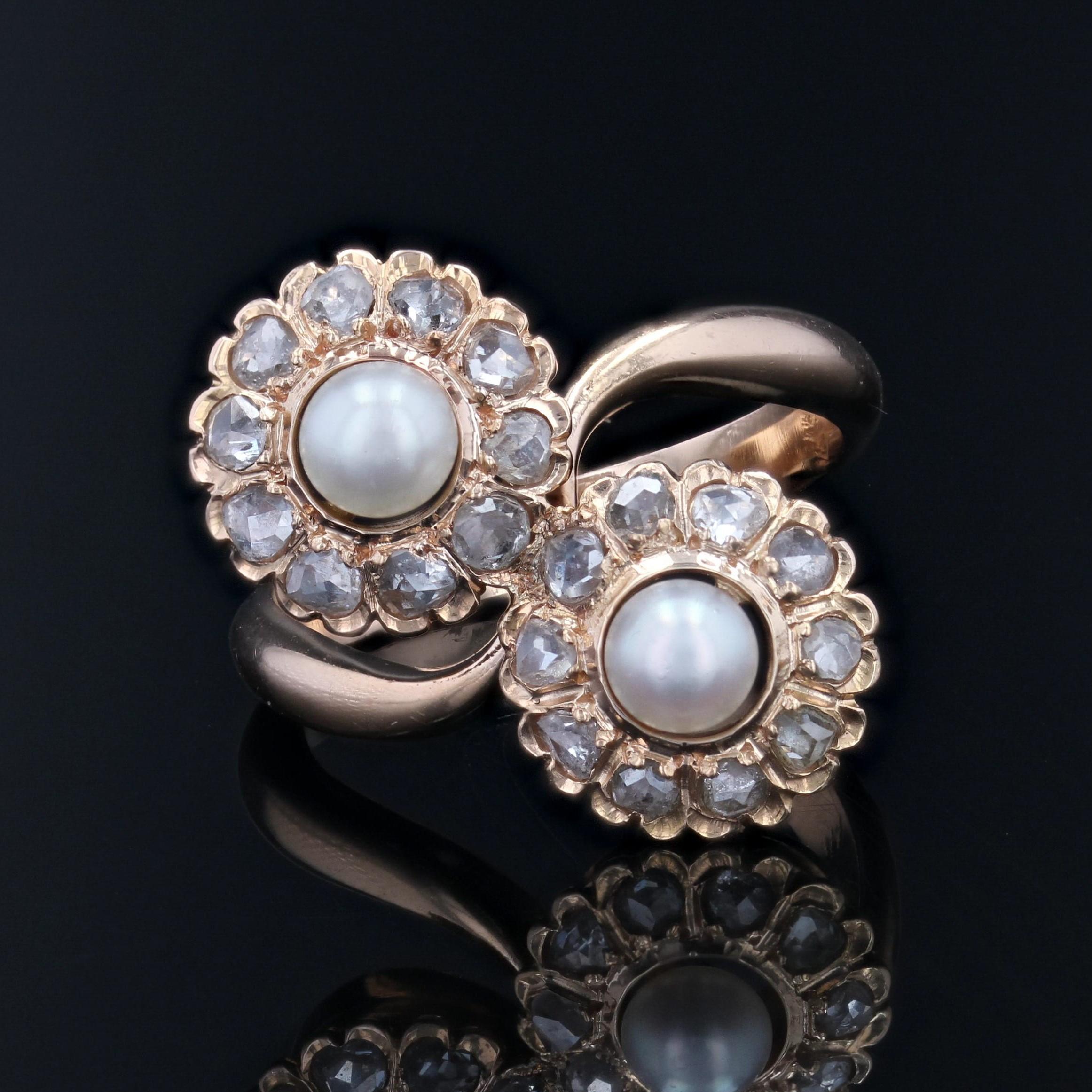 Bague Duo de marguerites en or rose 18 carats, perles et diamants du 19e siècle Bon état - En vente à Poitiers, FR