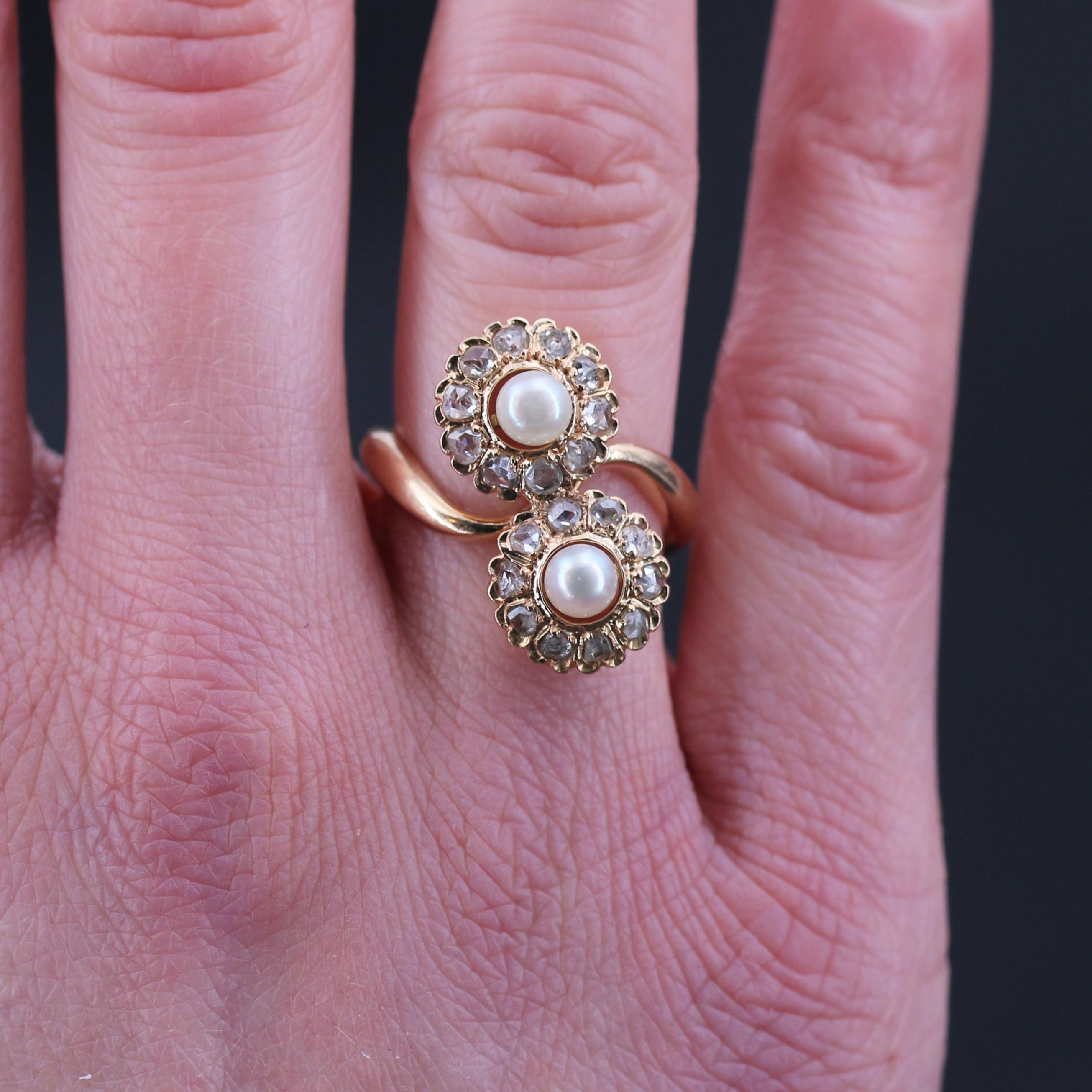 Napoleon III French, 19th Century, Diamonds Pearl 18 Karat Rose Gold Duo Daisies Ring For Sale