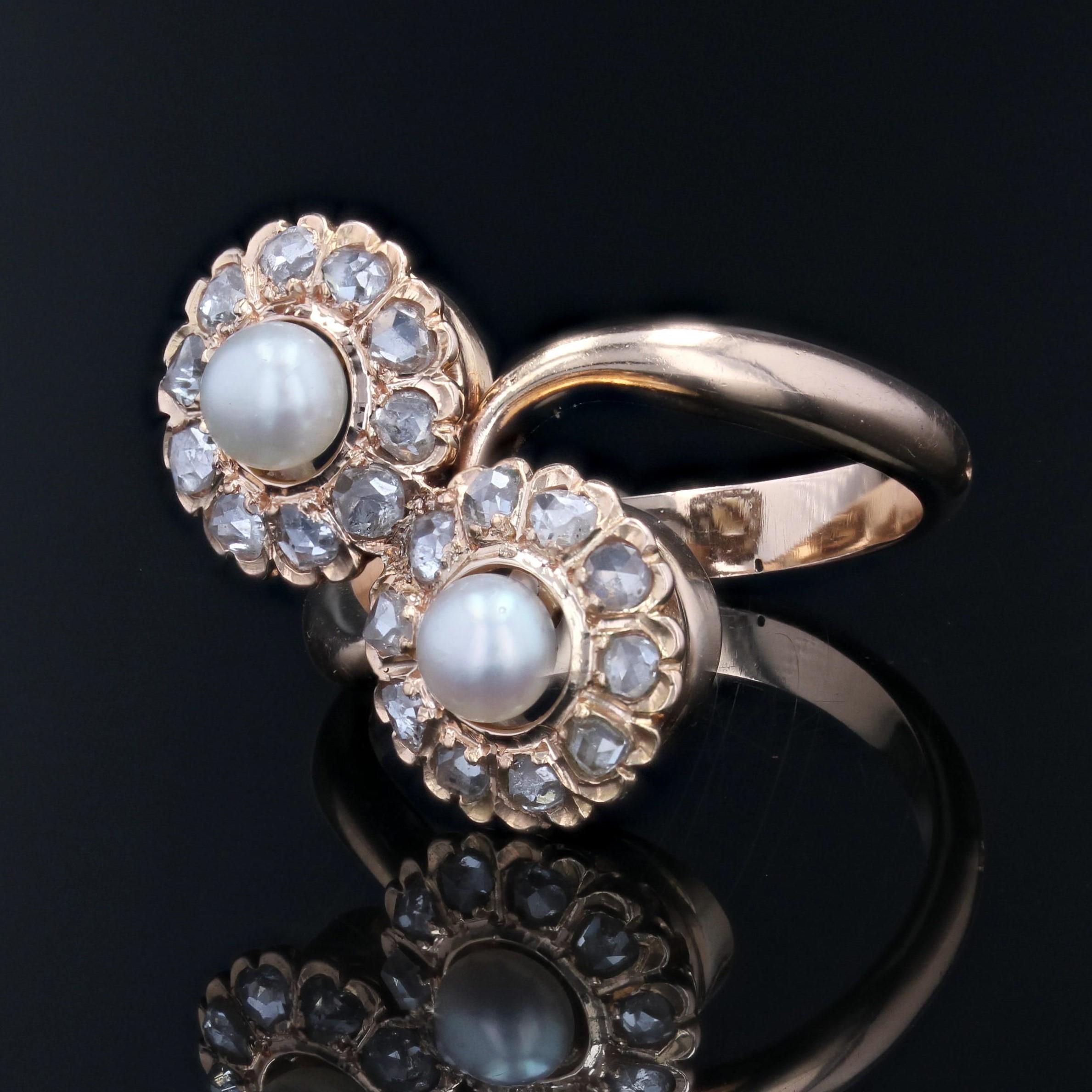 Bead French, 19th Century, Diamonds Pearl 18 Karat Rose Gold Duo Daisies Ring For Sale
