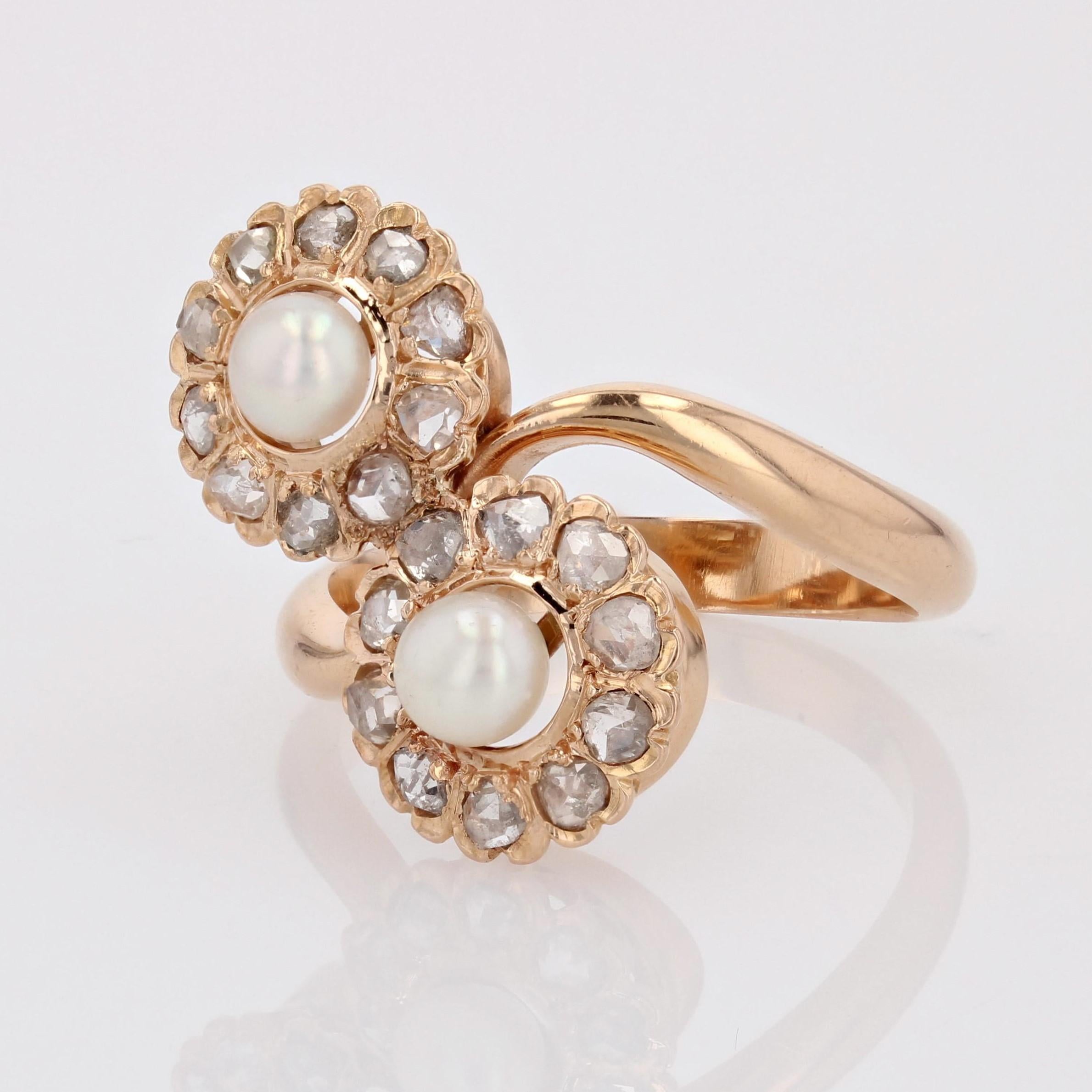 French, 19th Century, Diamonds Pearl 18 Karat Rose Gold Duo Daisies Ring In Good Condition For Sale In Poitiers, FR