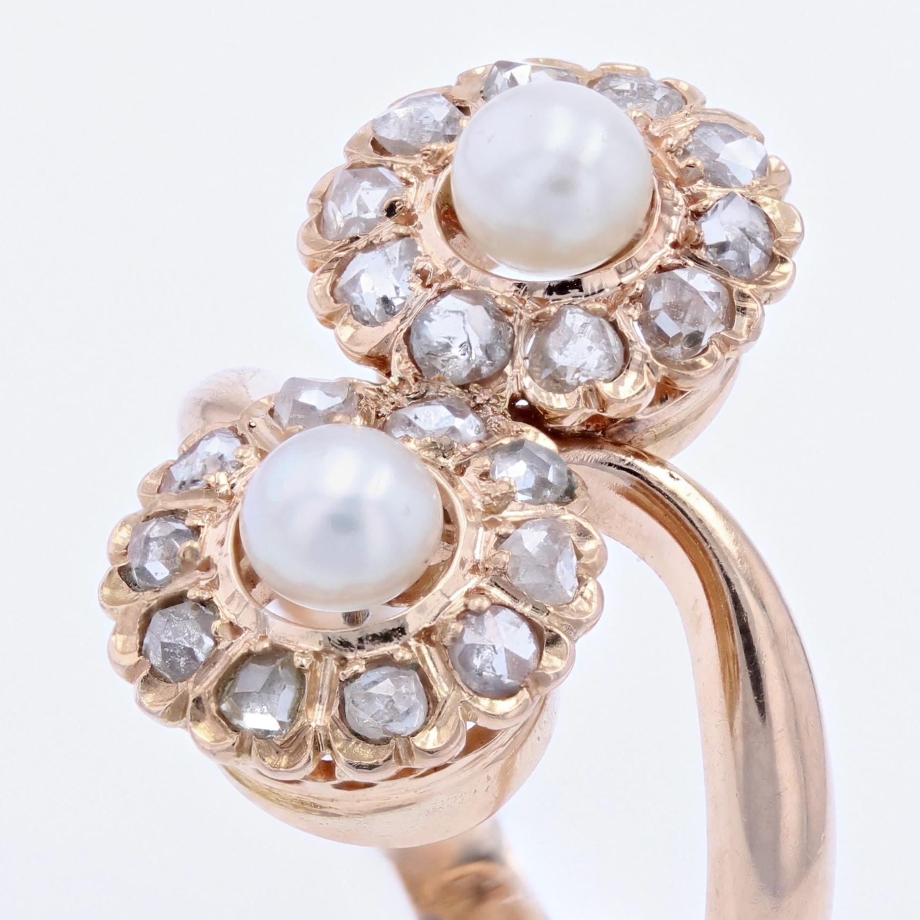 Women's French, 19th Century, Diamonds Pearl 18 Karat Rose Gold Duo Daisies Ring For Sale