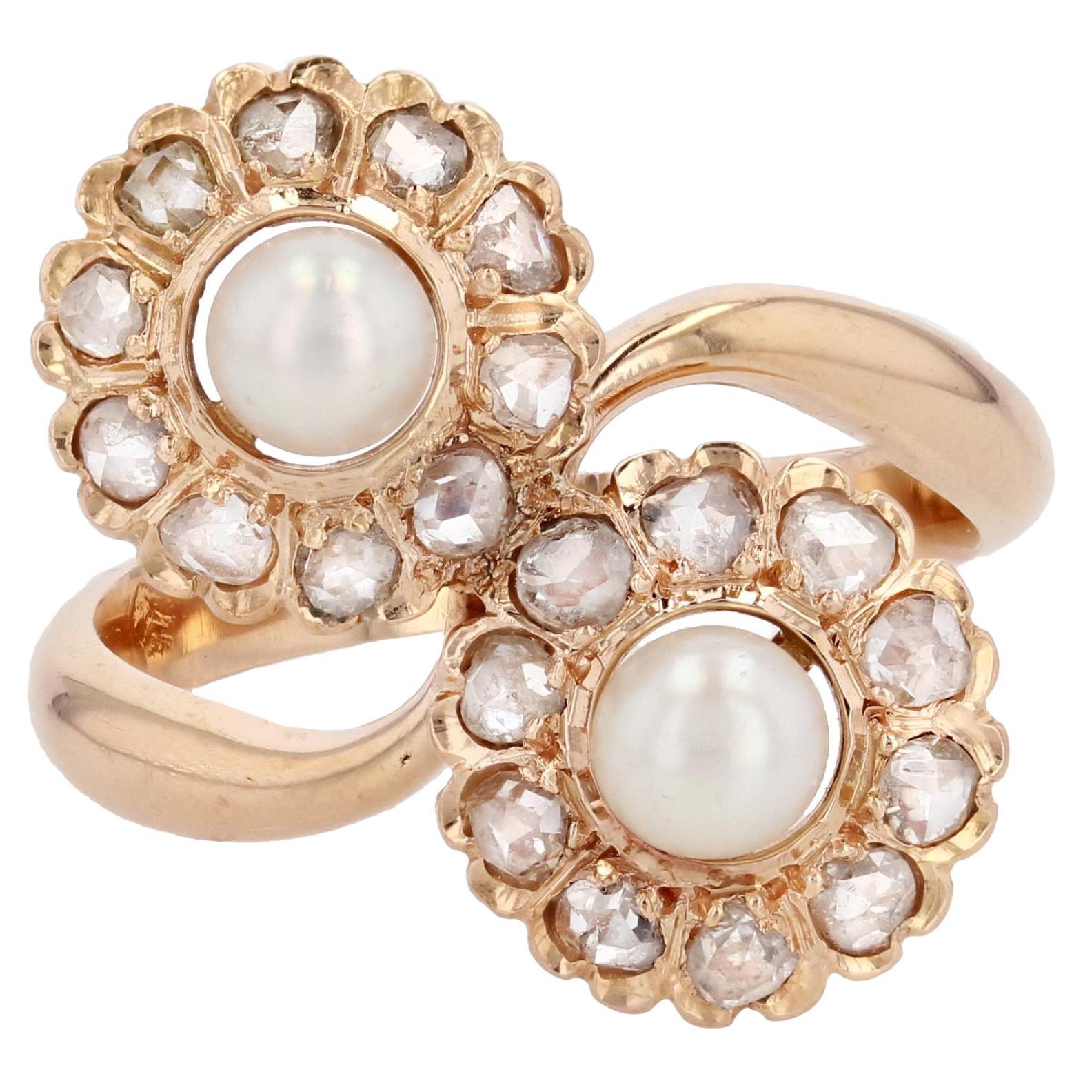 French, 19th Century, Diamonds Pearl 18 Karat Rose Gold Duo Daisies Ring For Sale
