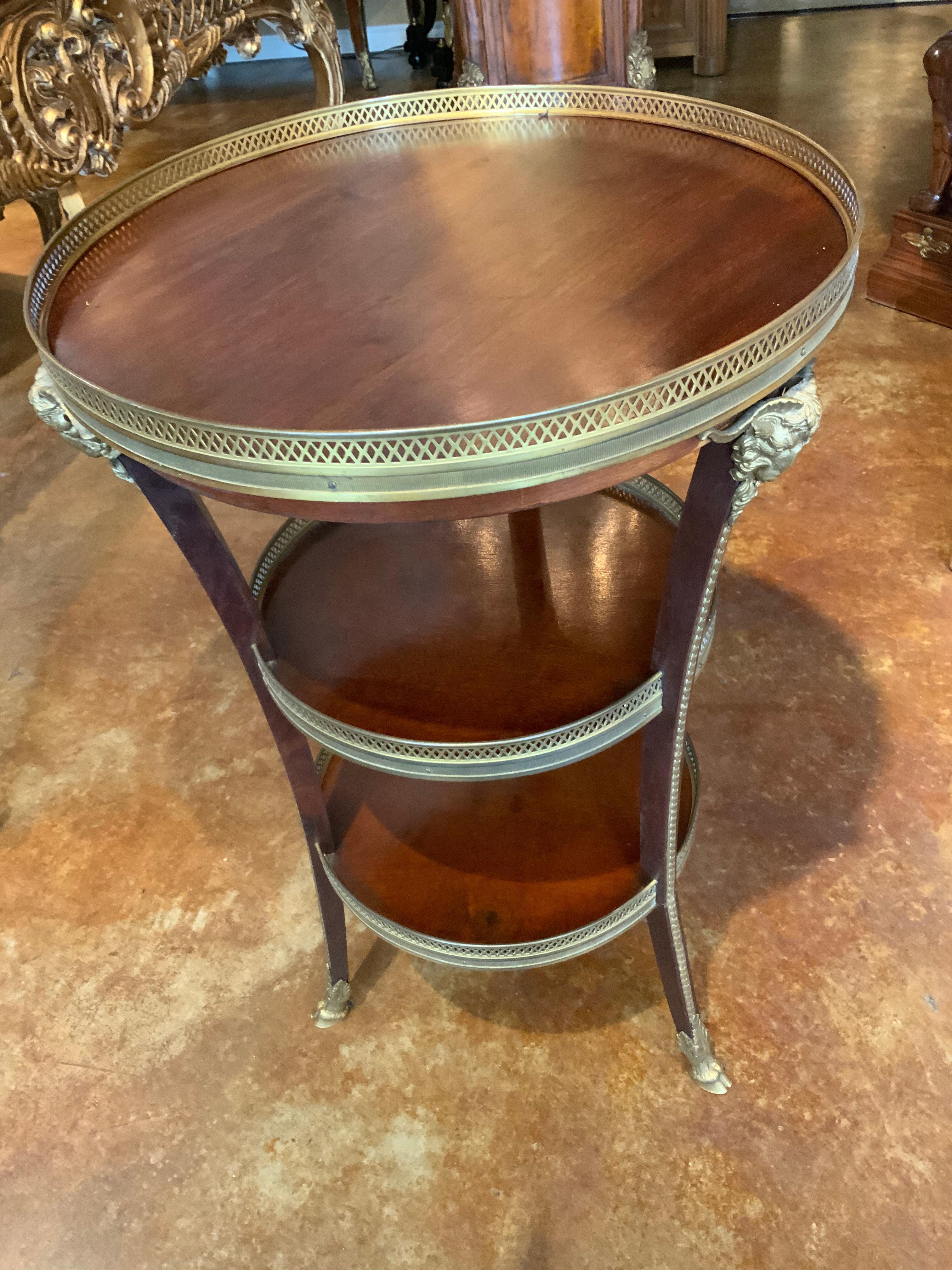 Excellent workmanship makes this piece special. The
Wood is mahogany in a rich hue. The piece has the
Top with a pierced gallery the surrounds the perimeter.
It has two additional shelves that also have bronze galleries
The legs slope gracefully
