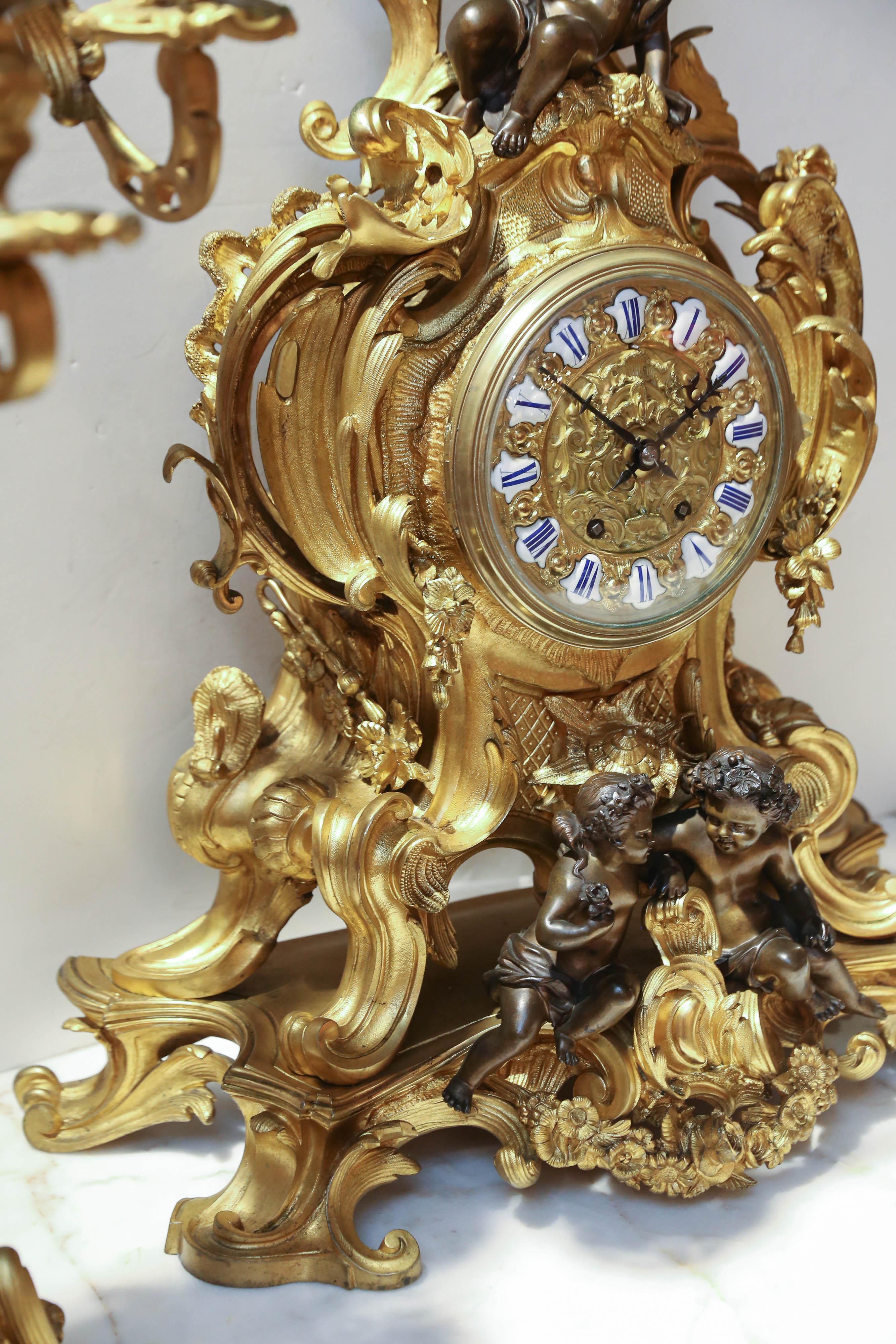 19th Century Three-Piece Clock Garniture Set, Gilt Bronze and Patinated Bronze For Sale 2