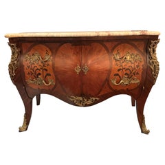 French 19 th walnut commode with interior drawers, blush marble top