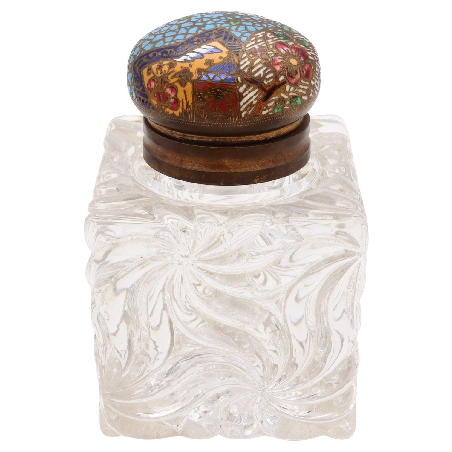 French 1900 Antique Chinoiserie Champlevé Enameled Inkwell in Brass & Cut Glass For Sale