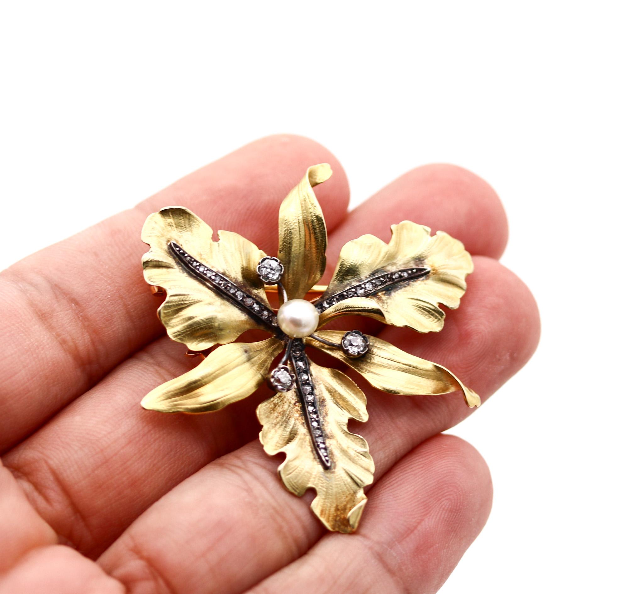 French 1900 Art Nouveau Orchid Pendant Brooch In 18Kt With Diamonds Pearl For Sale 1