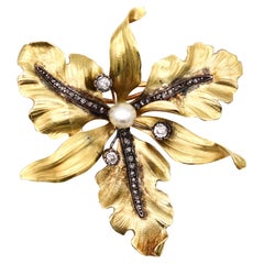 Antique French 1900 Art Nouveau Orchid Pendant Brooch In 18Kt With Diamonds Pearl