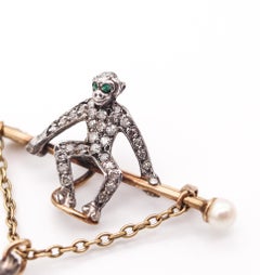 FRENCH 1900 Circus Monkeys Brooch In 14-18Kt Gold & Silver Diamonds And Pearls