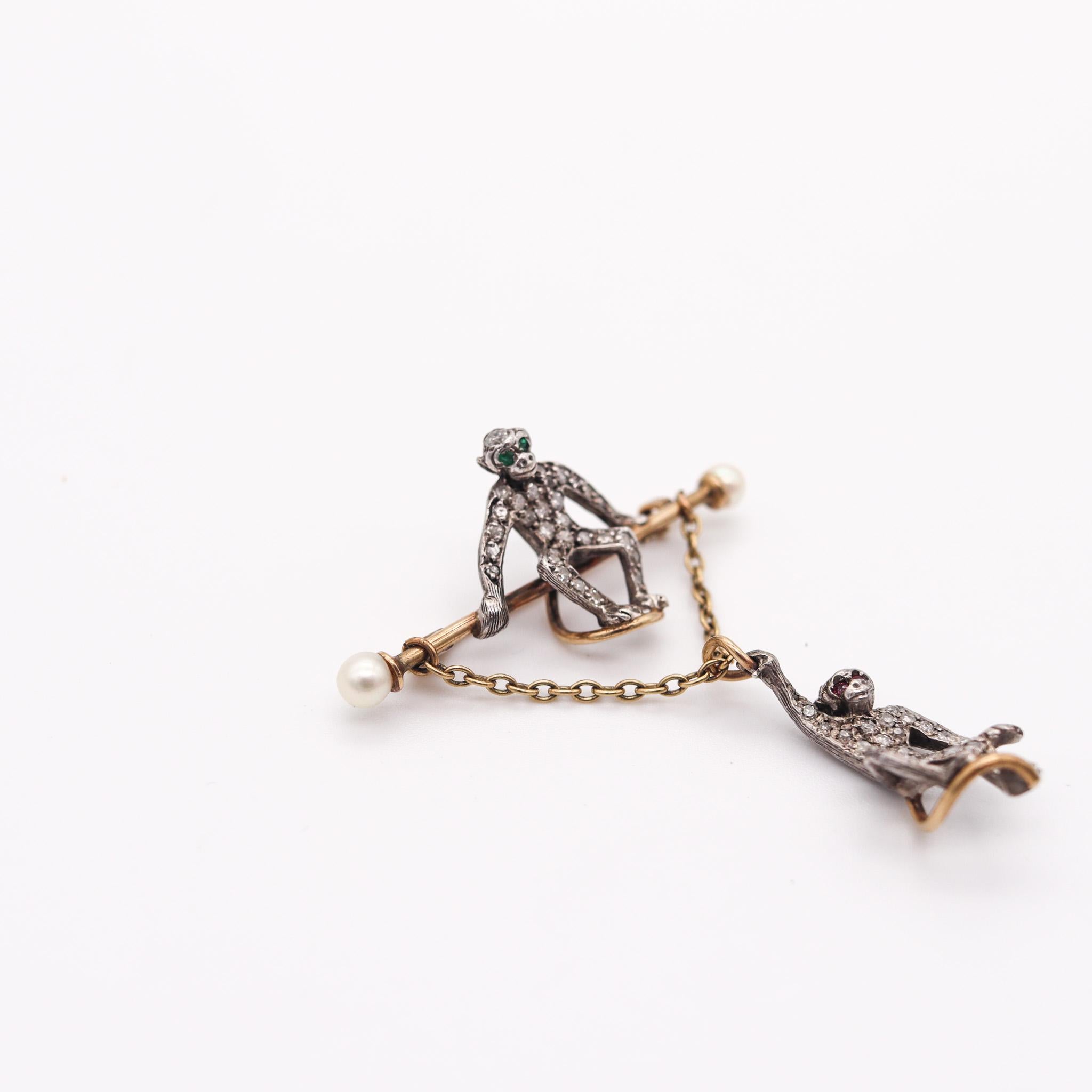 Late Victorian FRENCH 1900 Circus Monkeys Brooch In 14-18Kt Gold & Silver Diamonds And Pearls For Sale