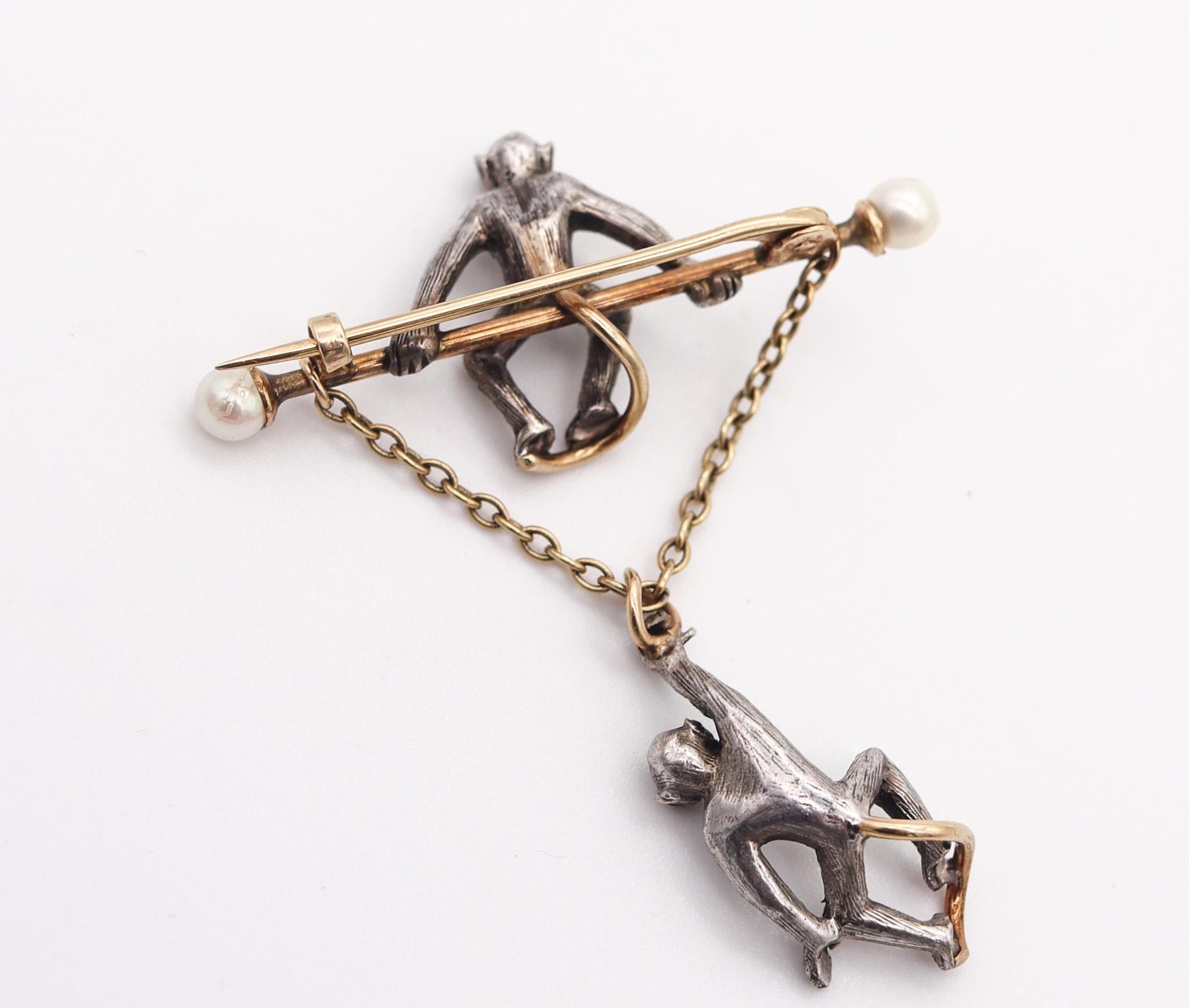 Old European Cut FRENCH 1900 Circus Monkeys Brooch In 14-18Kt Gold & Silver Diamonds And Pearls For Sale