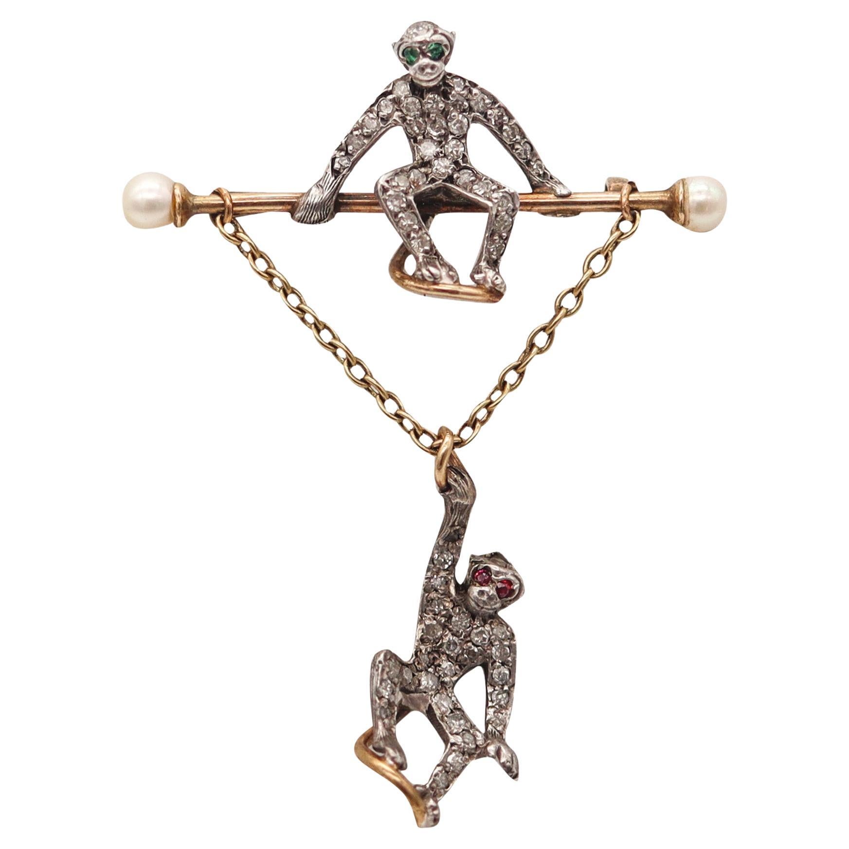 FRENCH 1900 Circus Monkeys Brooch In 14-18Kt Gold & Silver Diamonds And Pearls For Sale