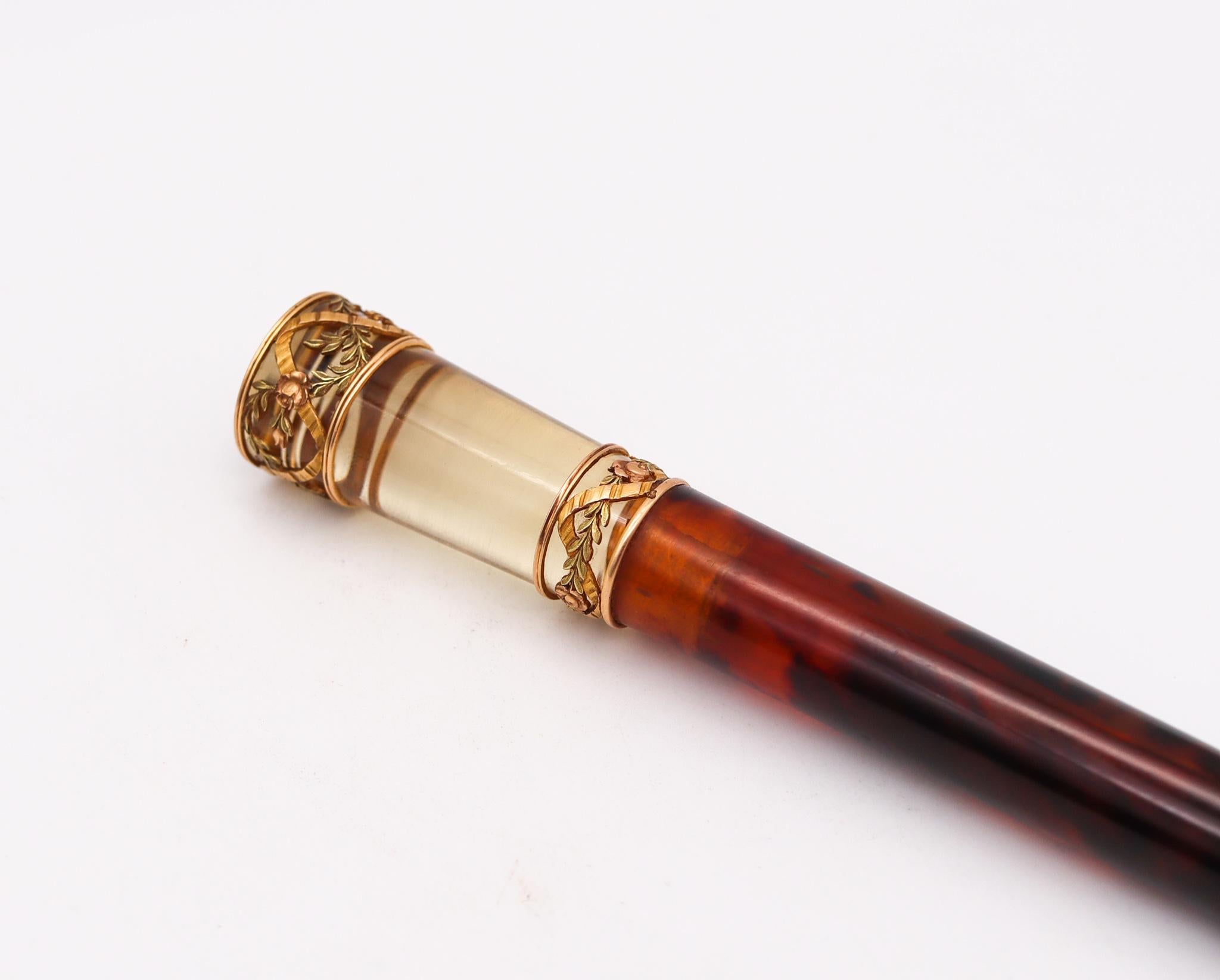 French 1900 Edwardian Faux Tortoise Parasol Handle in 18kt Gold & Carved Citrine For Sale 1