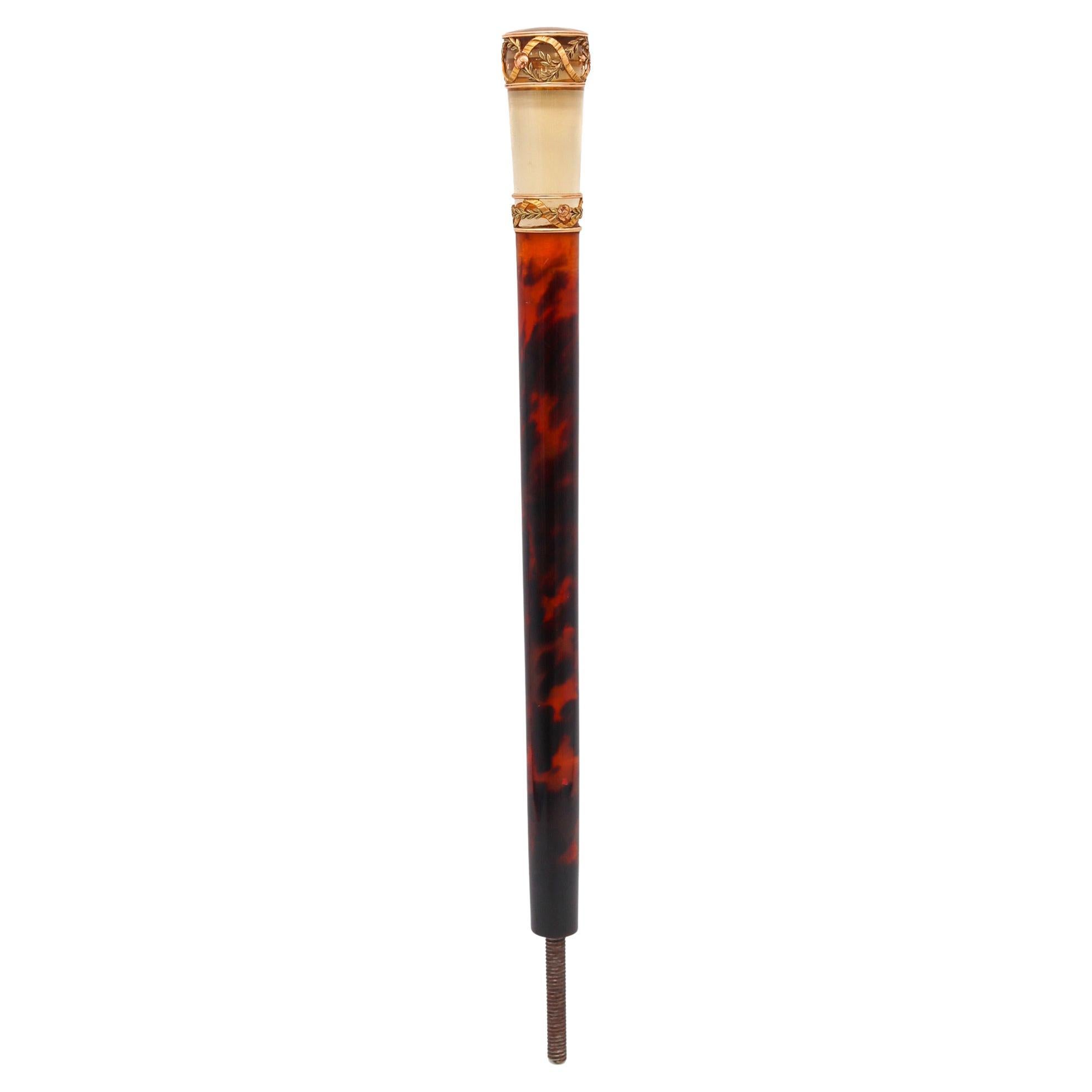 French 1900 Edwardian Faux Tortoise Parasol Handle in 18kt Gold & Carved Citrine For Sale