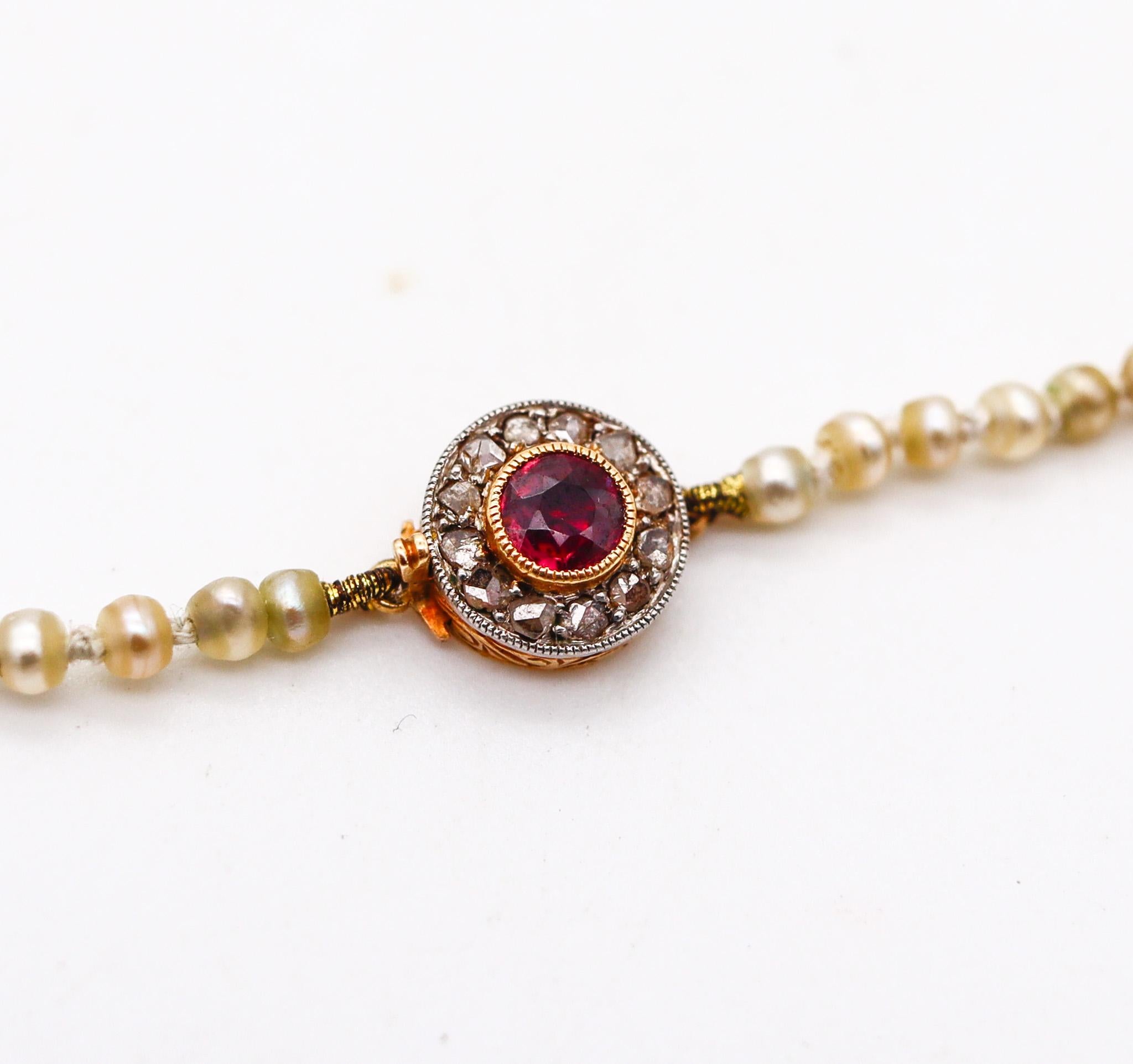 Women's French 1900 Edwardian Natural Pearls Necklace In 18Kt Gold With Diamonds & Ruby For Sale