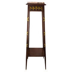 French 1900 Iroko, Marble & Brass Sellette or Plant Holder Louis XVI St, c 1900