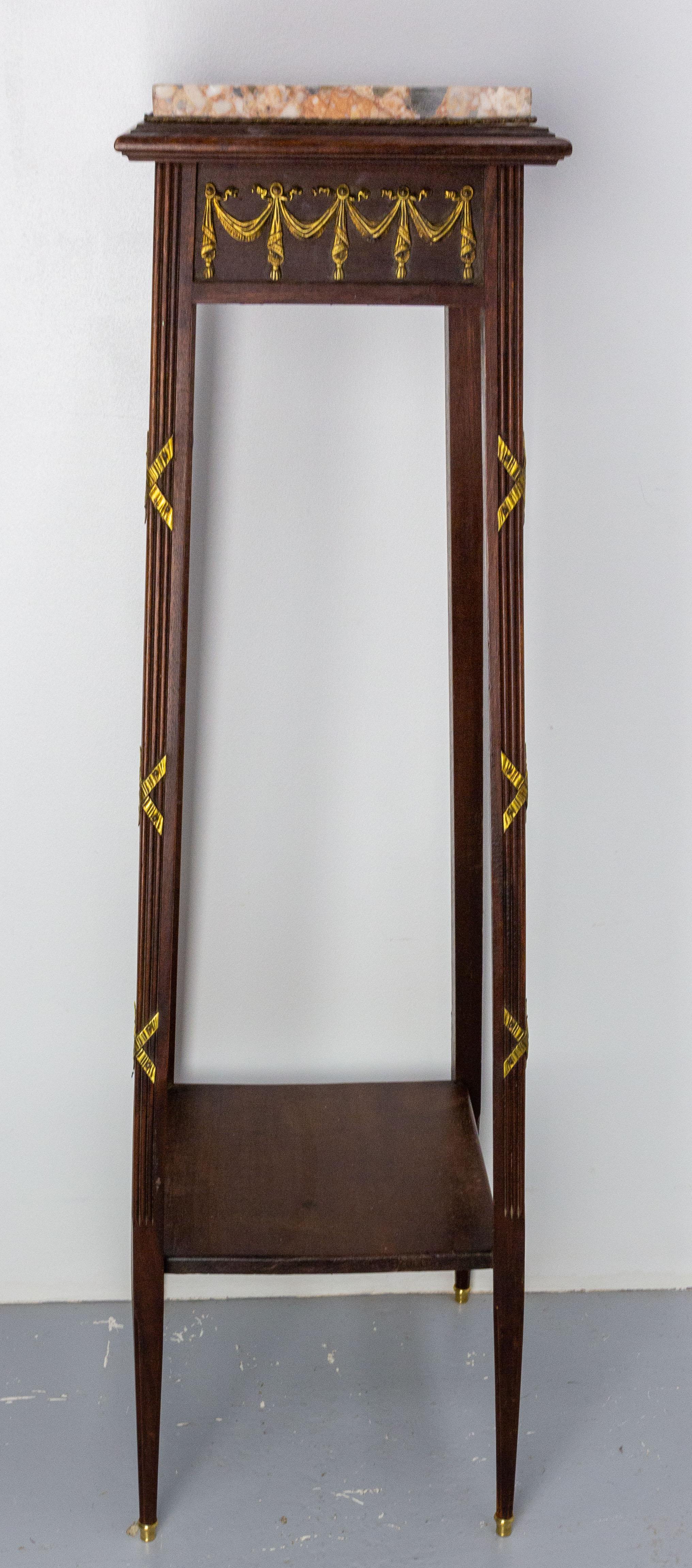 Early 20th Century French 1900 Iroko, Marble & Brass Sellette or Plant Holder Louis XVI St, c 1900 For Sale