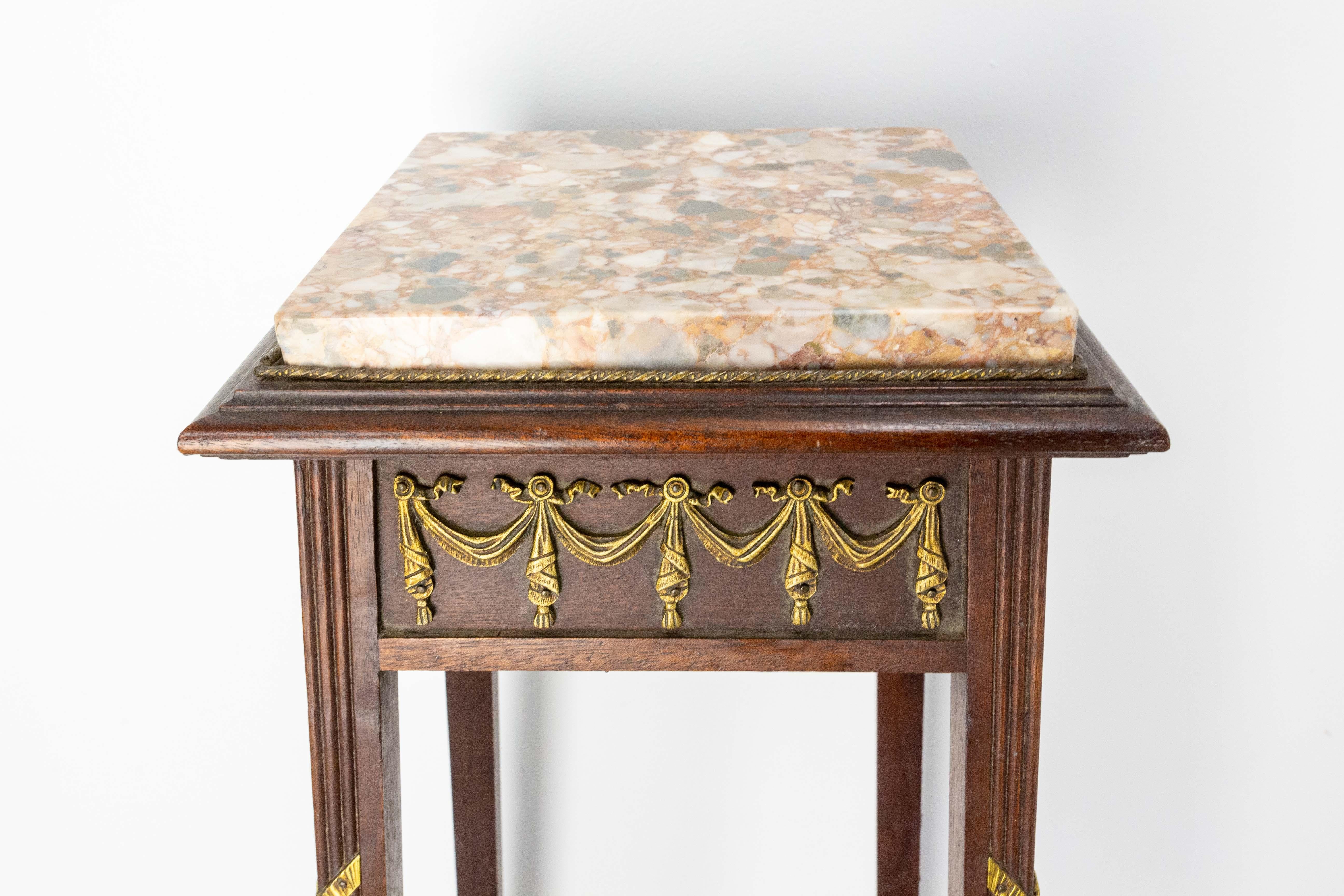 French 1900 Iroko, Marble & Brass Sellette or Plant Holder Louis XVI St, c 1900 For Sale 2