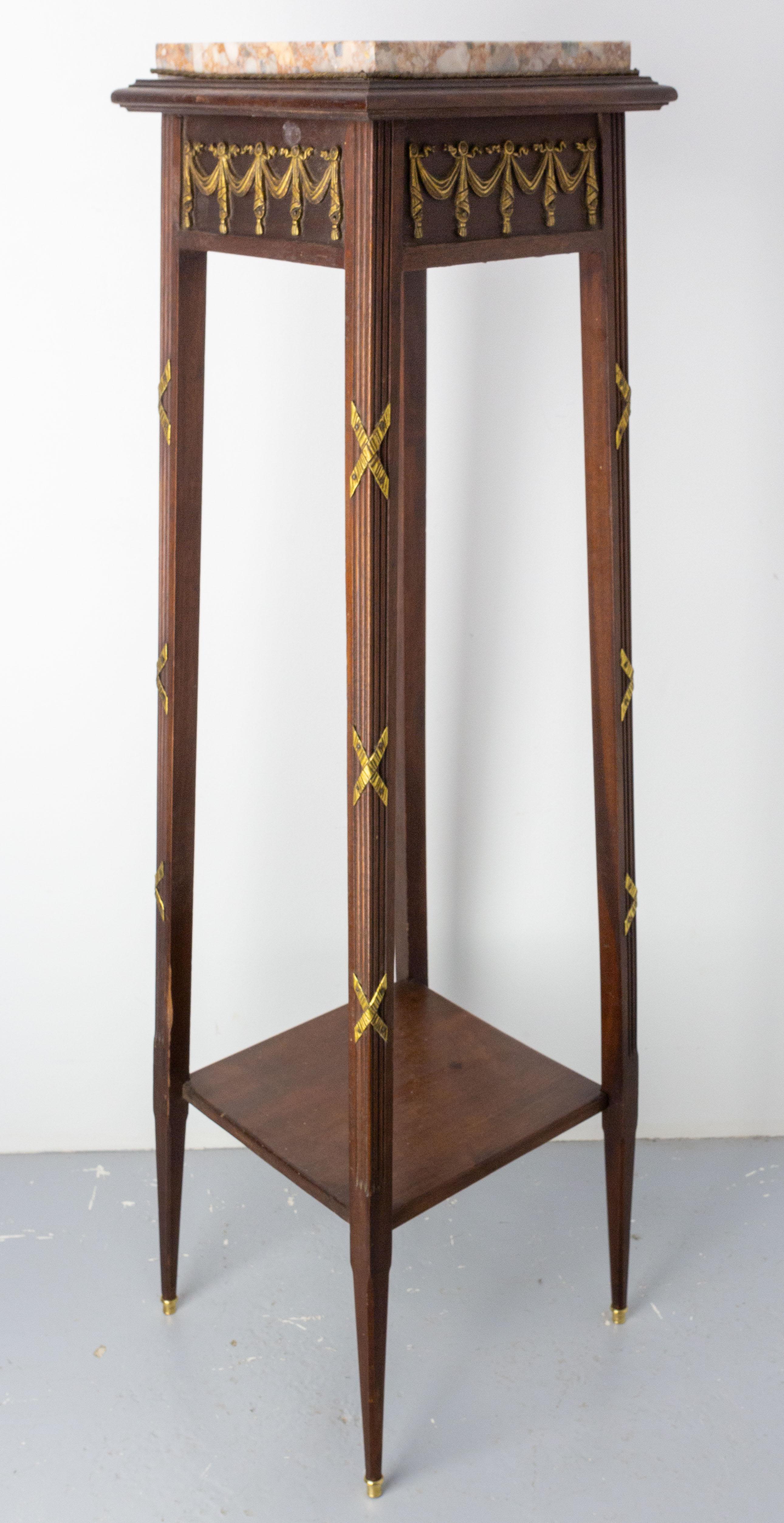 French 1900 Iroko, Marble & Brass Sellette or Plant Holder Louis XVI St, c 1900 For Sale 5