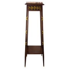 French 1900 Iroko, Marble & Brass Sellette or Plant Holder Louis XVI St, c 1900